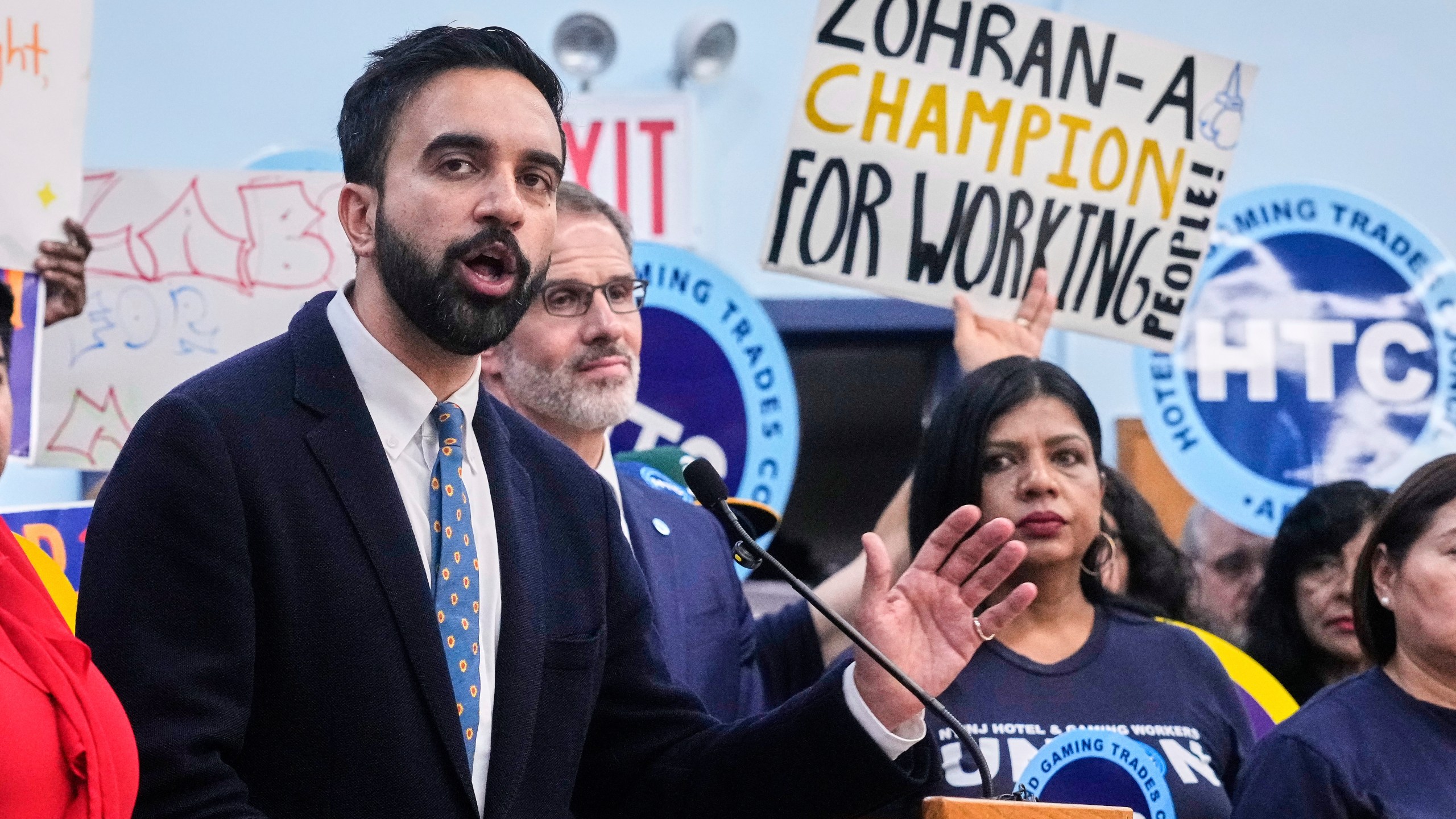 Democrat mayoral candidate Zohran Mamdani speaks during a rally at the Hotel & GamingTrades Council headquarters in New York, Wednesday, July 2, 2025. (AP Photo/Richard Drew)
