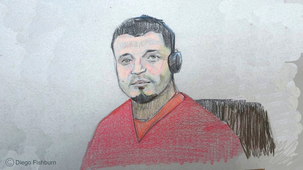 courtroom sketch of Kilmar Abrego Garcia sitting in court
