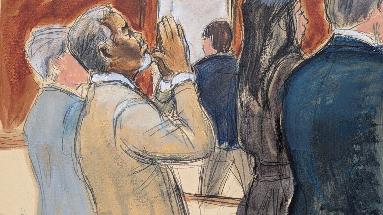 In this courtroom sketch, Sean "Diddy" Combs reacts after he was convicted of prostitution-related offenses but acquitted of sex trafficking and racketeering charges that could have put him behind bars for life, Wednesday, July 2, 2025, in Manhattan federal court in New York. (Elizabeth Williams via AP)