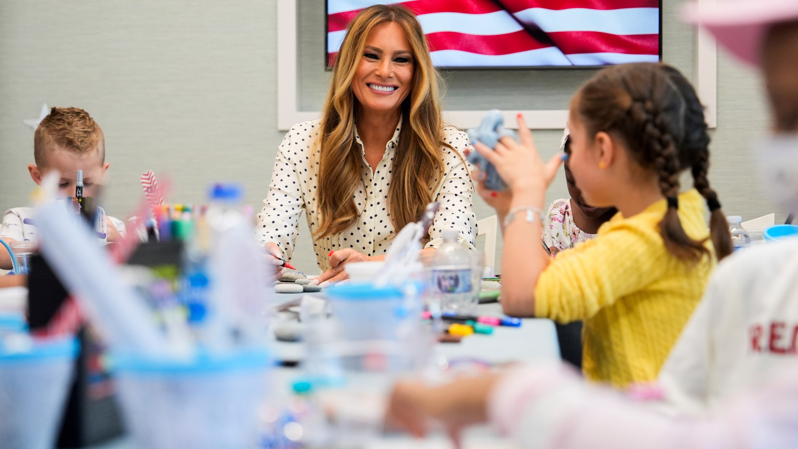 First lady Melania Trump visits patients at Children's National Hospital, Thursday, July 3, 2025, in Washington. (AP Photo/Julia Demaree Nikhinson)