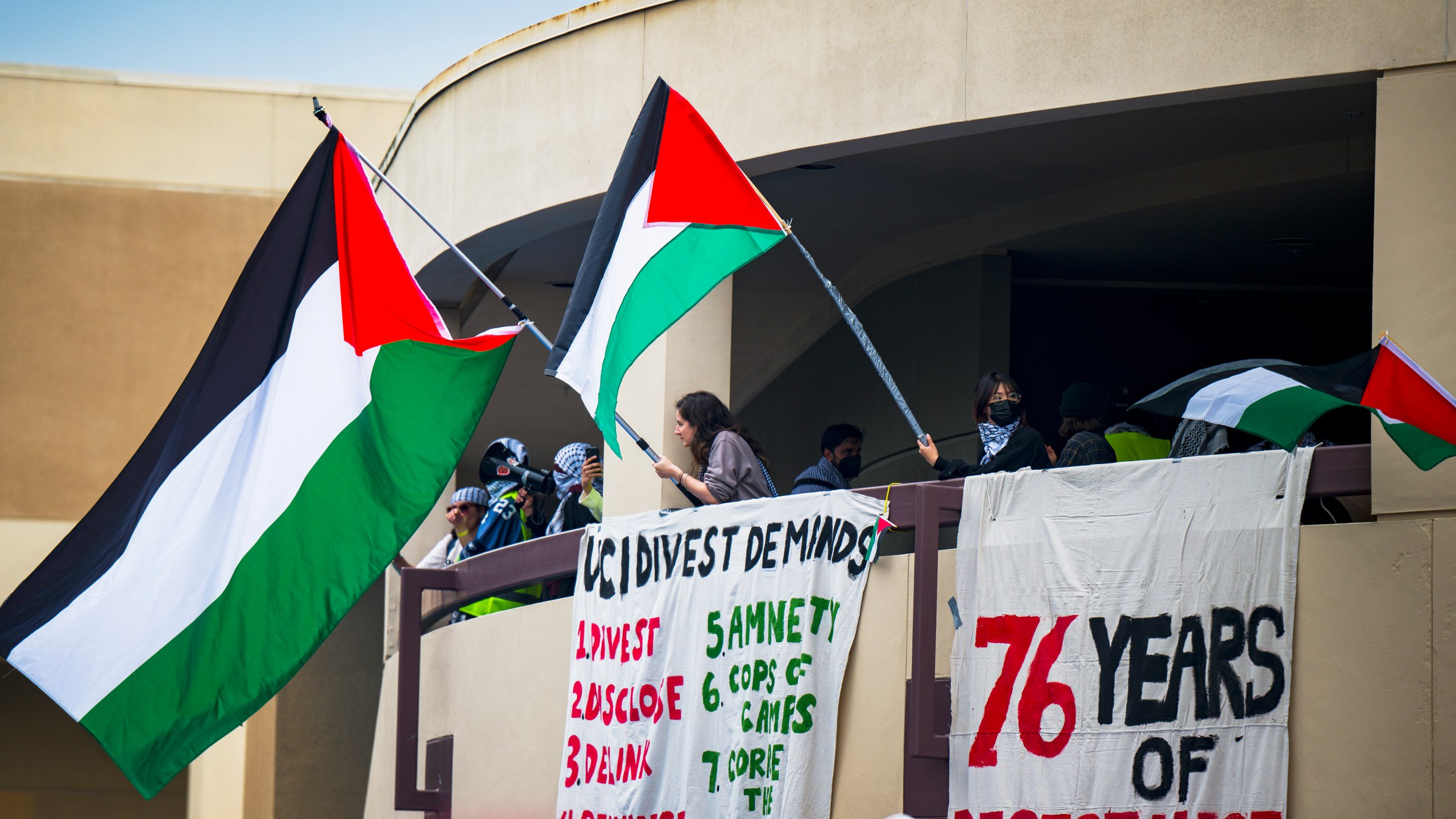 FILE - Pro-Palestinian protesters wave flags from the second level of the Physical Sciences Lecture Hall after they took over the building at the University of California, Irvine, May 15, 2024, in Irvine, Calif. (Leonard Ortiz/The Orange County Register via AP, File)