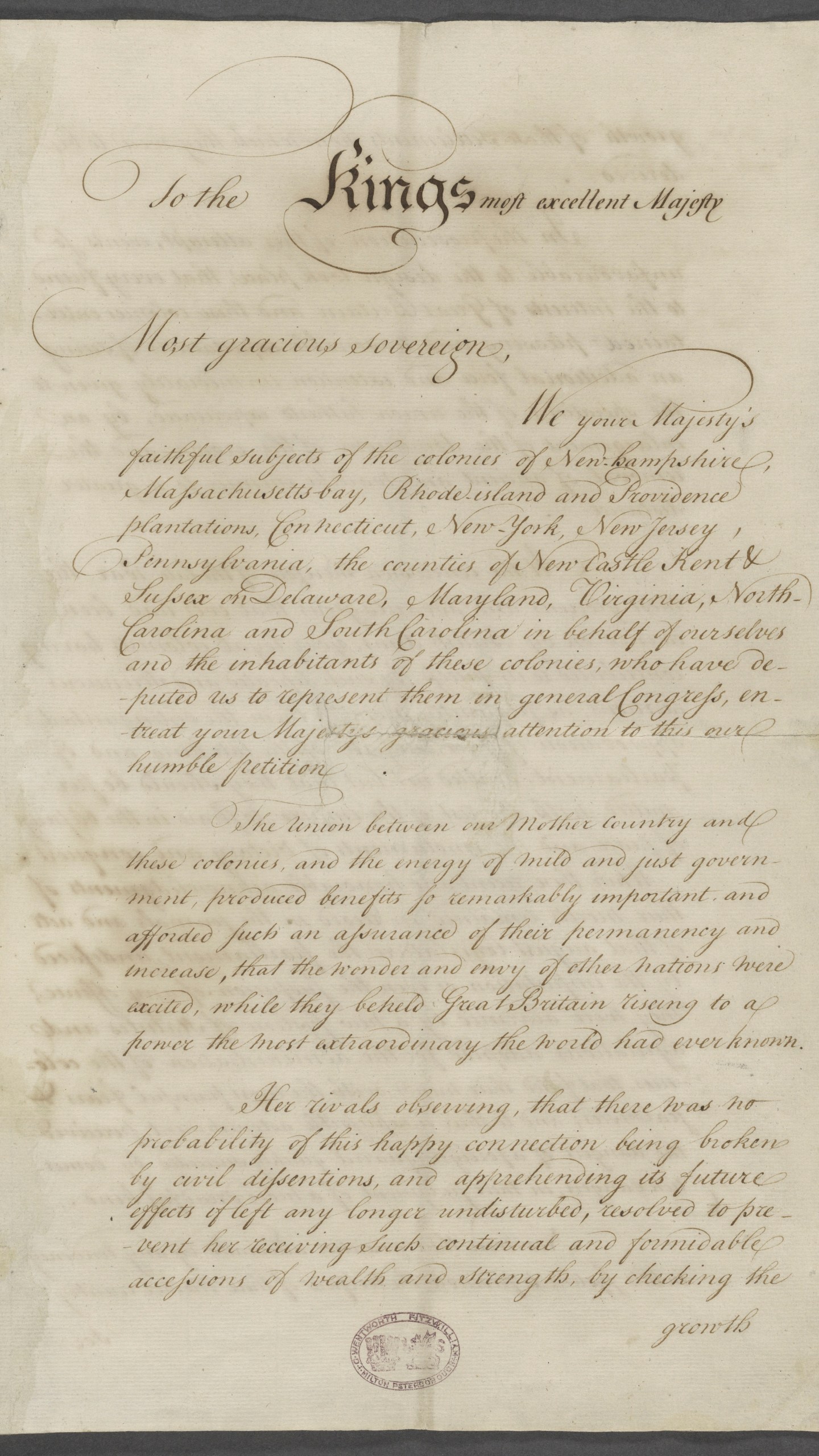 This image provided by The New York Public Library shows a document known as the "Olive Branch Petition," asking King George III to restore harmony between Britain and the American colonies, ratified on July 5, 1775. (The New York Public Library via AP)