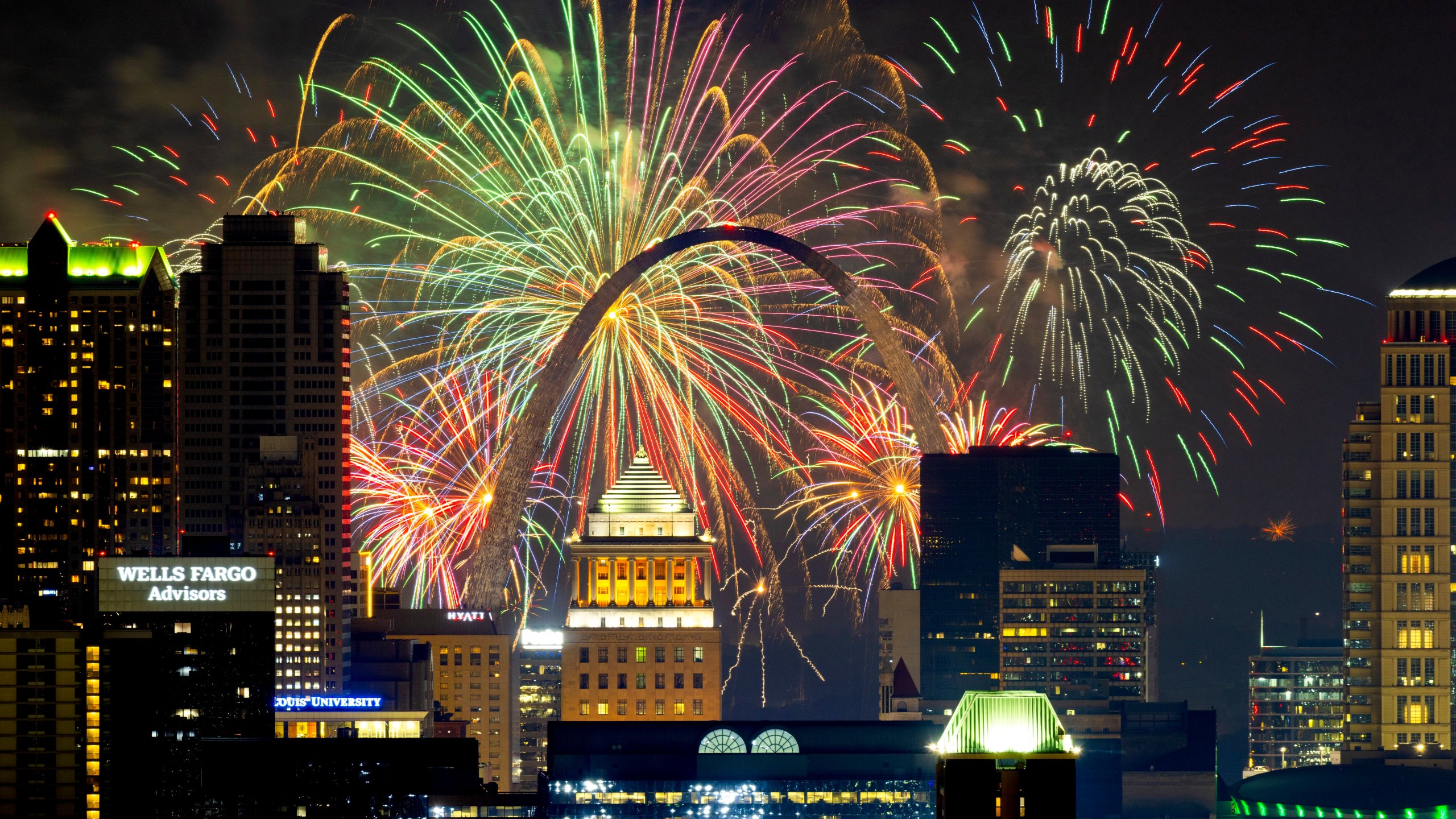 Fireworks light up the St. Louis skyline and the Gateway Arch on Thursday, July 3, 2025, in St. Louis. (David Carson/St. Louis Post-Dispatch via AP)