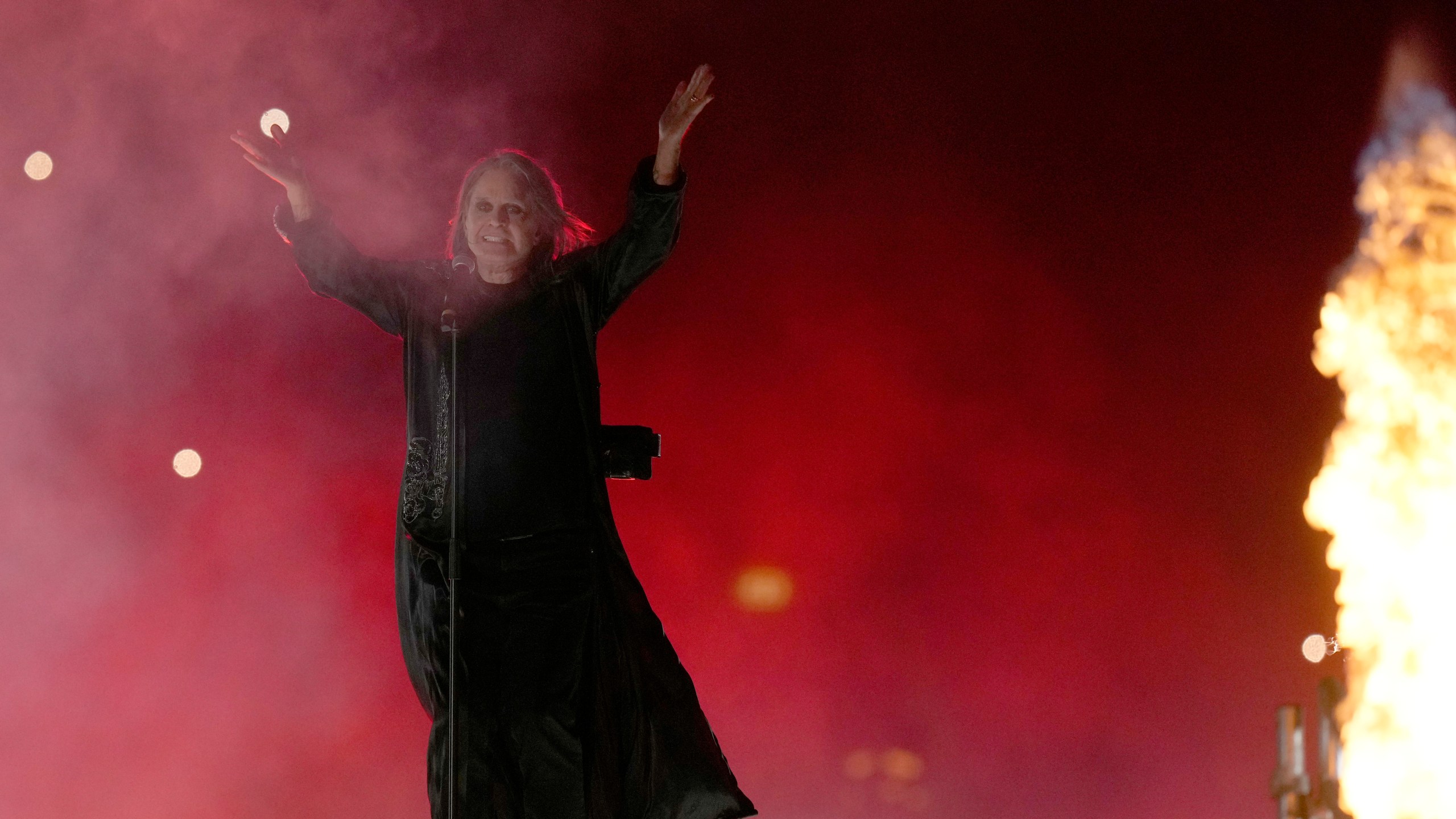 FILE - Ozzy Osbourne performs during the Commonwealth Games closing ceremony at the Alexander stadium in Birmingham, England, Monday, Aug. 8, 2022. (AP Photo/Alastair Grant, File)