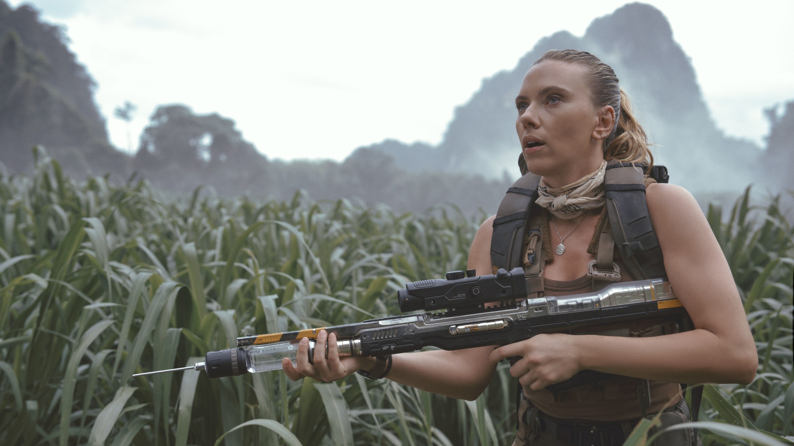 This image released by Universal Pictures and Amblin Entertainment shows Scarlett Johansson in a scene from " Jurassic World: Rebirth." (Jasin Boland/Universal Pictures and Amblin Entertainment via AP)