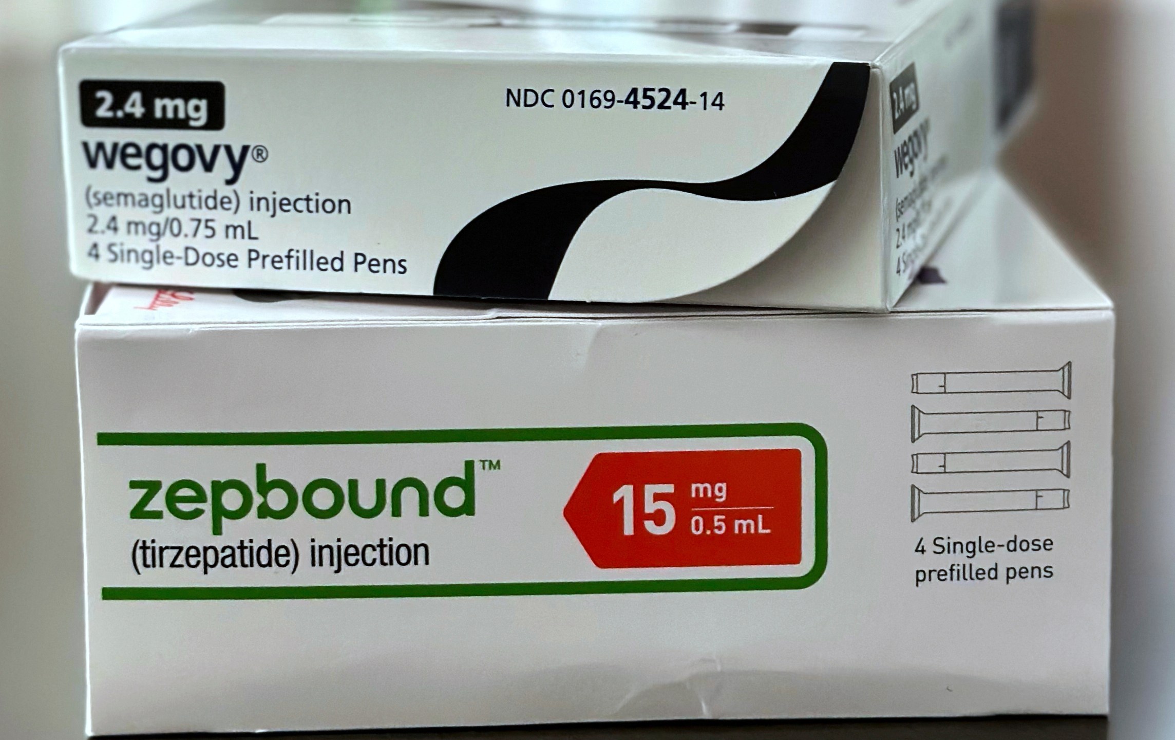 FILE - Boxes for the medications Wegovy and Zepbound are arranged for a photograph in California on Thursday, May 8, 2025. (AP Photo/JoNel Aleccia, File)