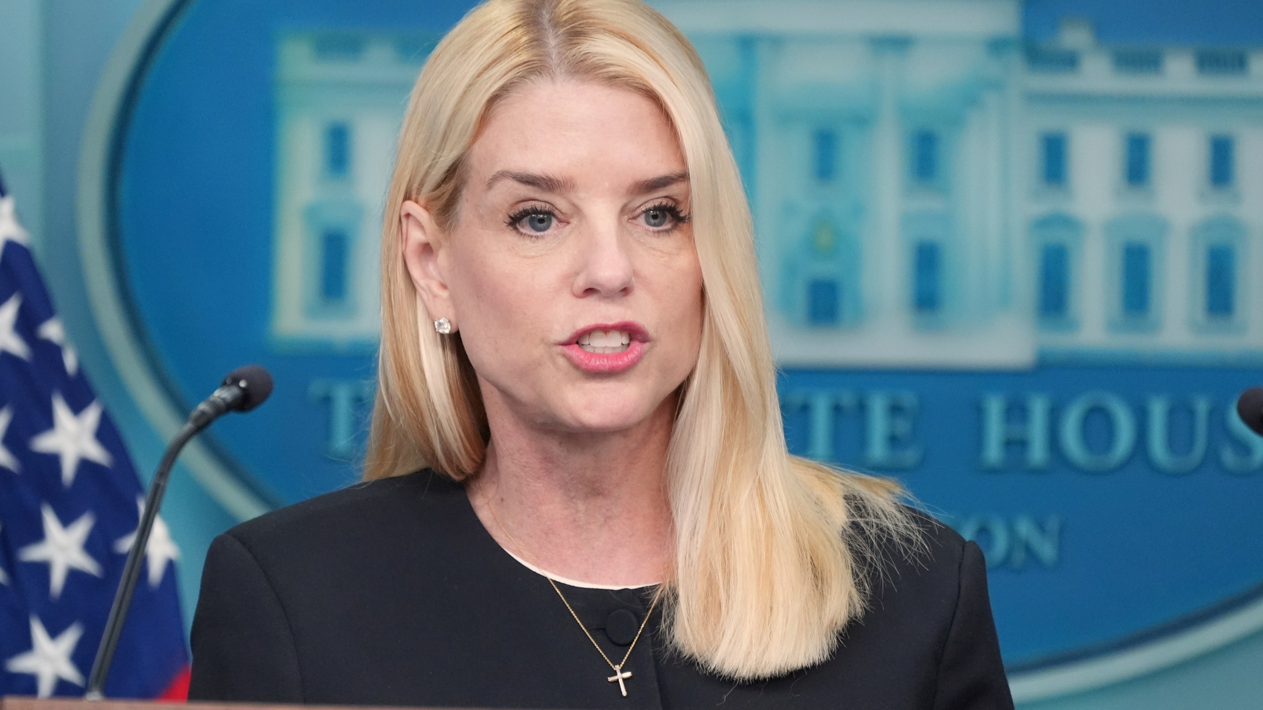 Attorney General Pam Bondi speaks to the media, Friday, June 27, 2025, in the briefing room of the White House in Washington. (AP Photo/Jacquelyn Martin)