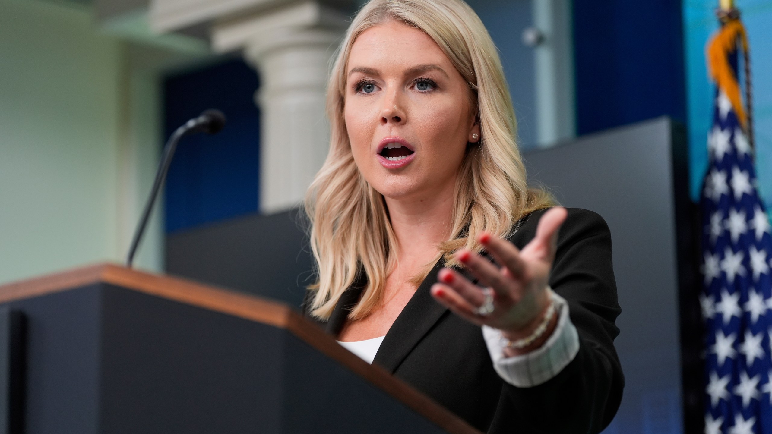 White House press secretary Karoline Leavitt speaks with reporters in the James Brady Press Briefing Room at the White House, Monday, July 7, 2025, in Washington. (AP Photo/Alex Brandon)