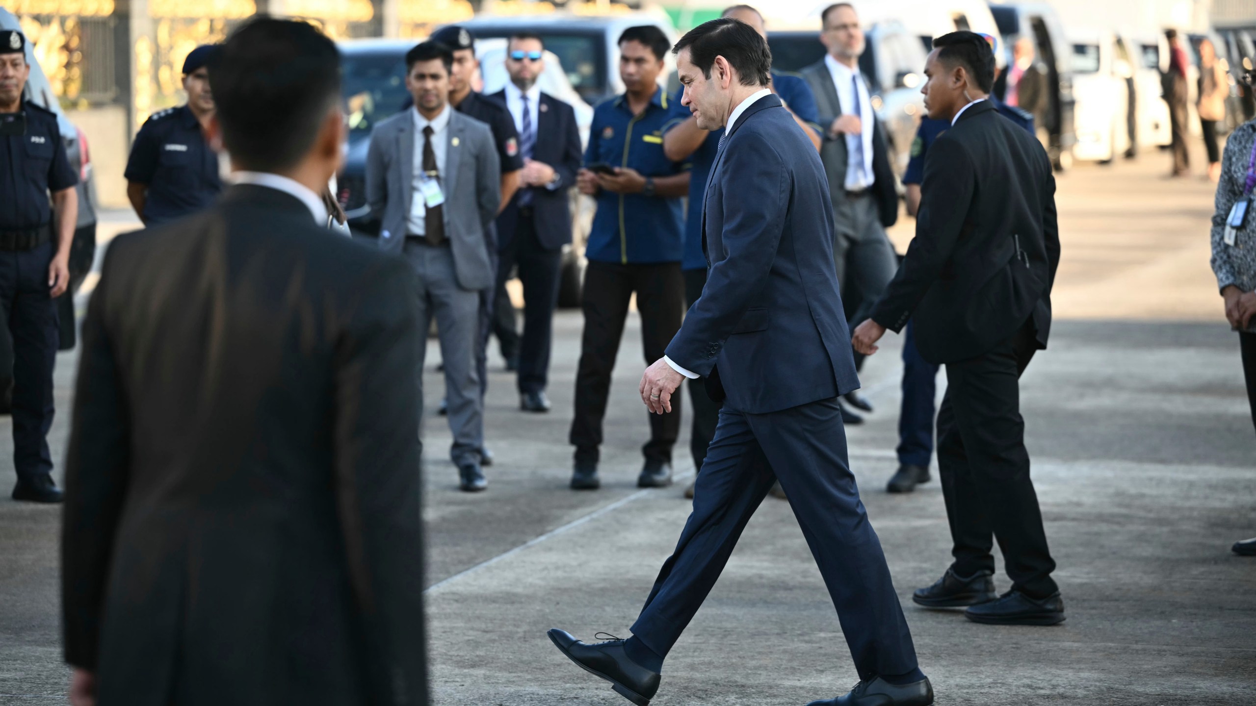 U.S. Secretary of State Marco Rubio, center, arrives at Subang Air Base, outside of Kuala Lumpur Thursday, July 10, 2025. Rubio arrived in Malaysia to attend the ASEAN Foreign Ministers' Meeting. (Mandel Ngan/Pool Photo via AP)