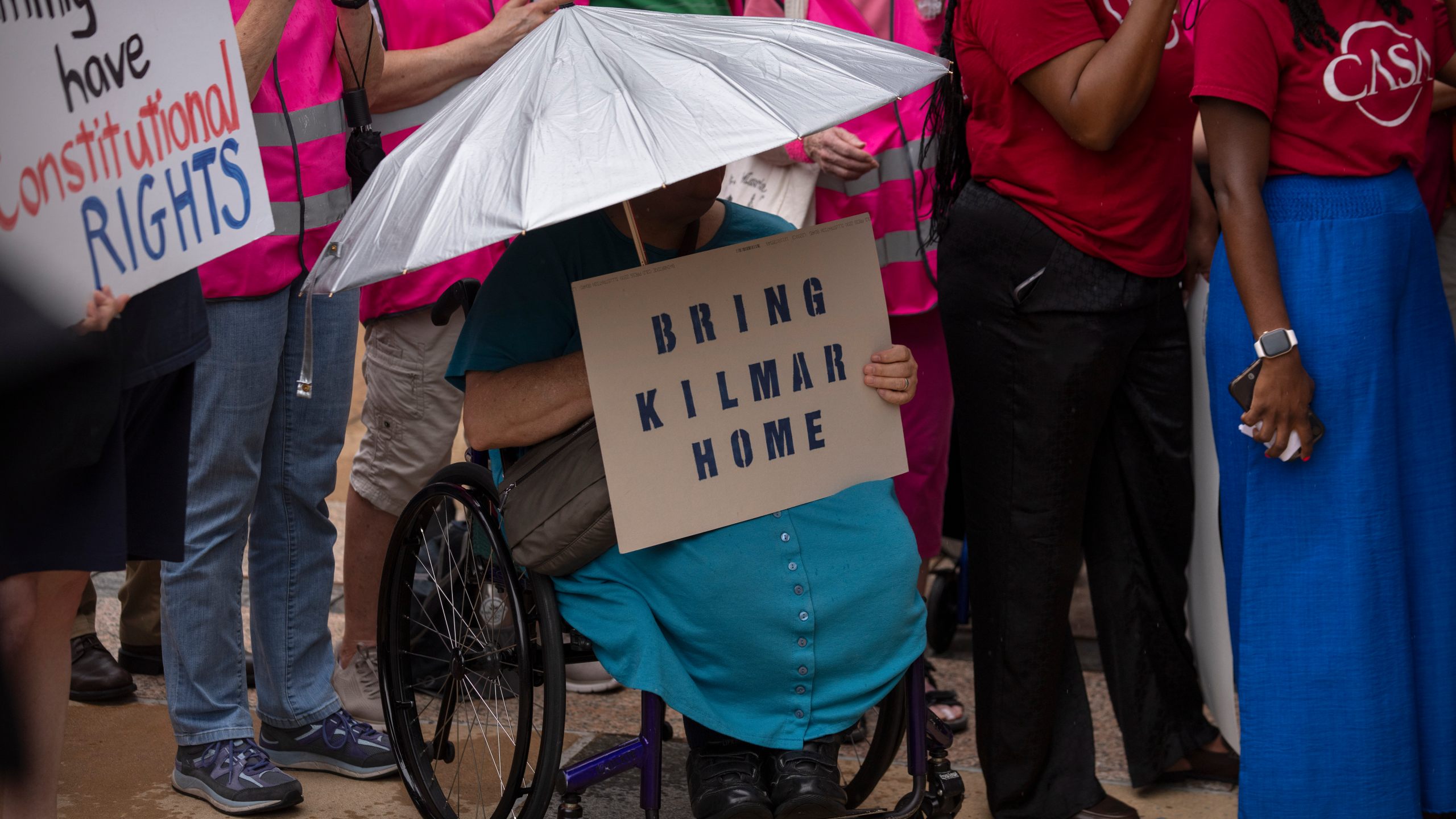 Supporters of Kilmar Abrego Garcia rally outside of the U.S. District Court in Greenbelt, Md., where a hearing was scheduled to be held on returning him to Maryland, Monday, July 7, 2025. (AP Photo/Mark Schiefelbein)