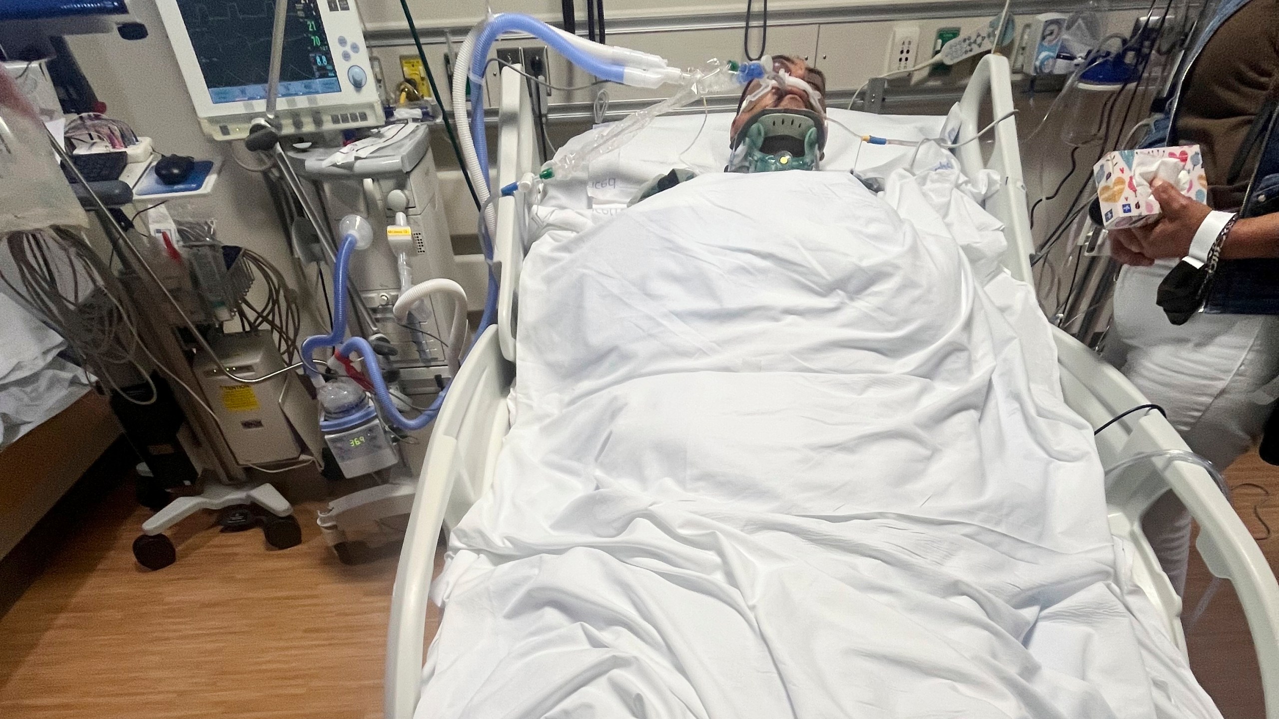 This undated photo provided by his family shows Jaime Alanis inside Ventura County Medical Center, after he was injured during an immigration raid on Thursday, July 10, 2025 in Camarillo, Calif. (Family photo via AP)