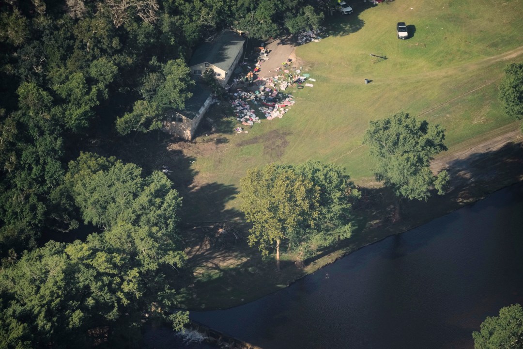 FILE - This aerial photo shows buildings at Camp Mystic in Hunt, Texas on Thursday, July 10, 2025. (AP Photo/Gerald Herbert, File)