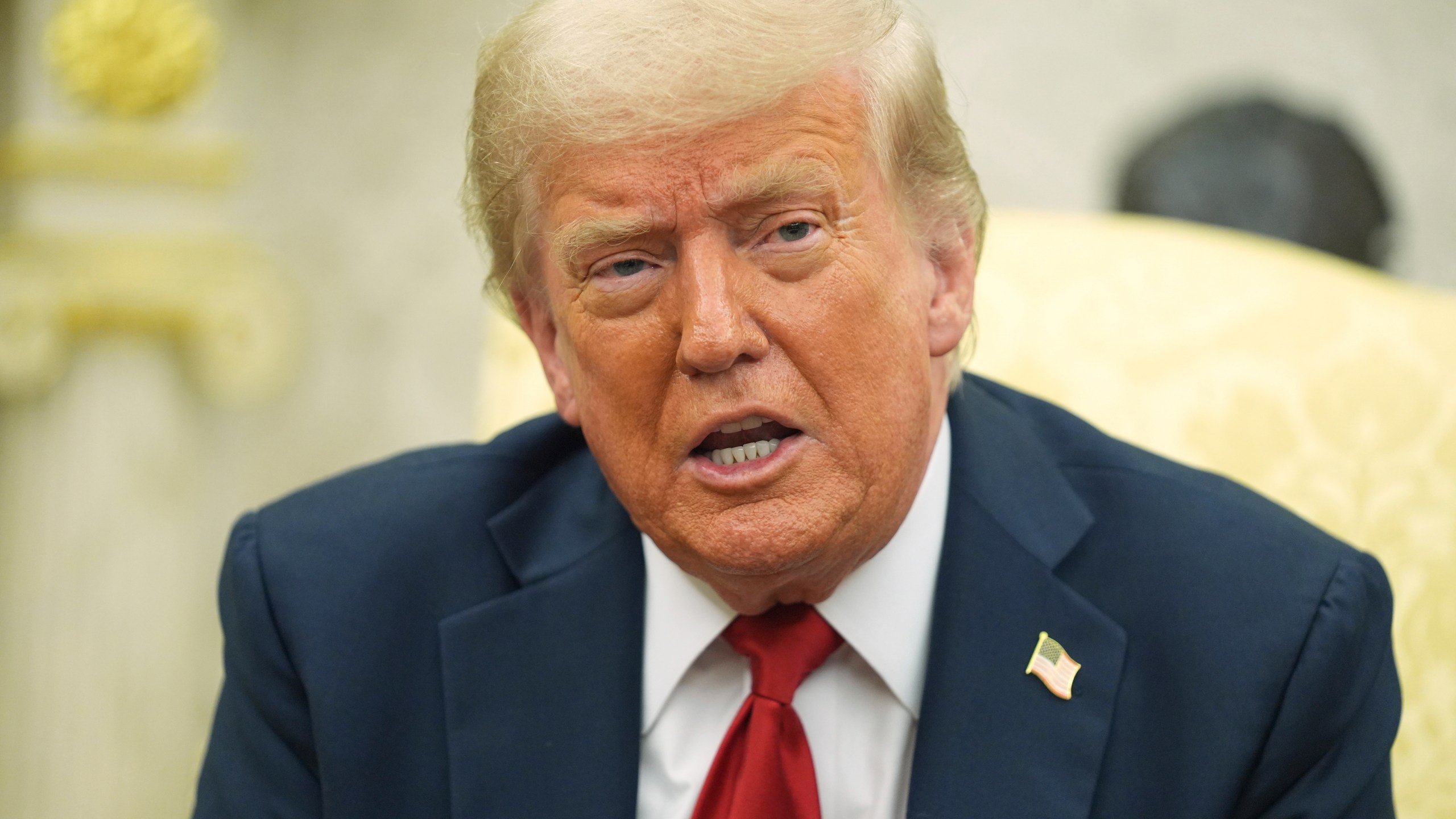 President Donald Trump speaks during a meeting with NATO Secretary General Mark Rutte in the Oval Office of the White House, Monday, July 14, 2025, in Washington. (AP Photo/Evan Vucci)