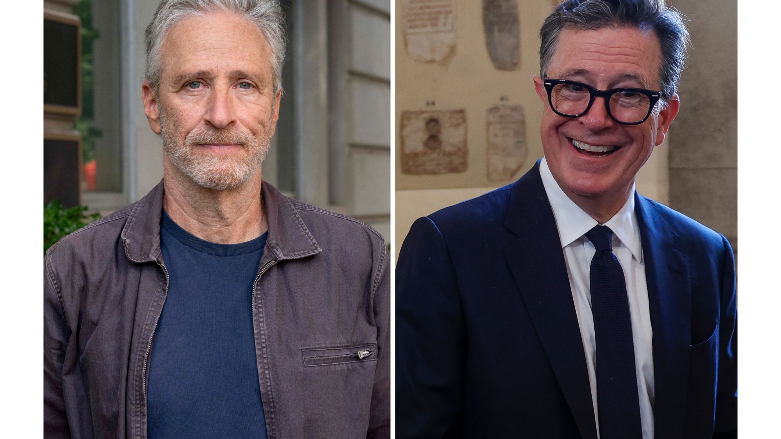 This photo combination shows Jon Stewart, left, posing for a photo outside the Department of Veterans Affairs, July 26, 2024, in Washington and Stephen Colbert being interviewed at The Vatican, June 14, 2024. (AP Photo/Kevin Wolf, Riccardo De Luca)