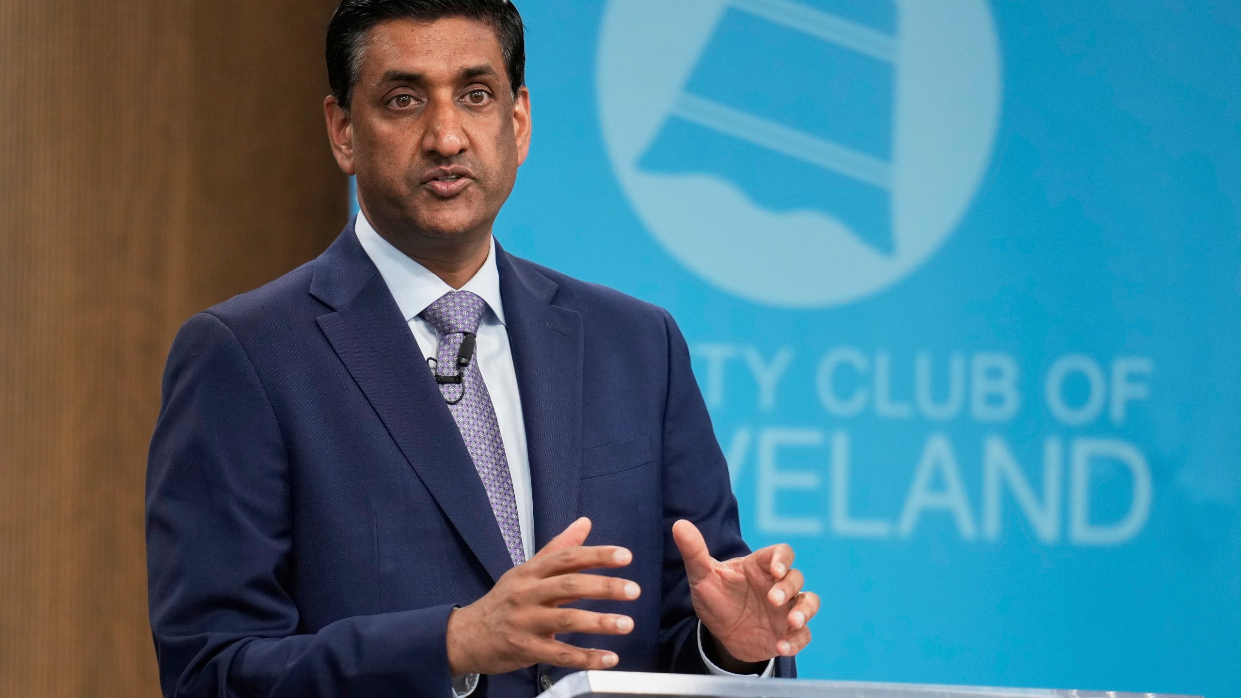FILE - Rep. Ro Khanna, D-Calif., speaks to the City Club of Cleveland, in Cleveland, April 14, 2025. (AP Photo/Sue Ogrocki, File)