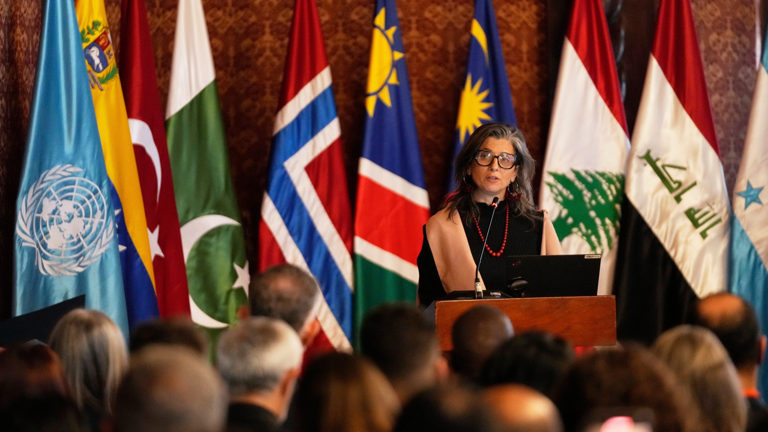 U.N. Special Rapporteur on the Occupied Palestinian Territories Francesca Albanese speaks during a two-day conference to address the Israel-Hamas war and Israel's military actions in Gaza, in Bogota, Colombia, Tuesday, July 15, 2025. (AP Photo/Fernando Vergara)