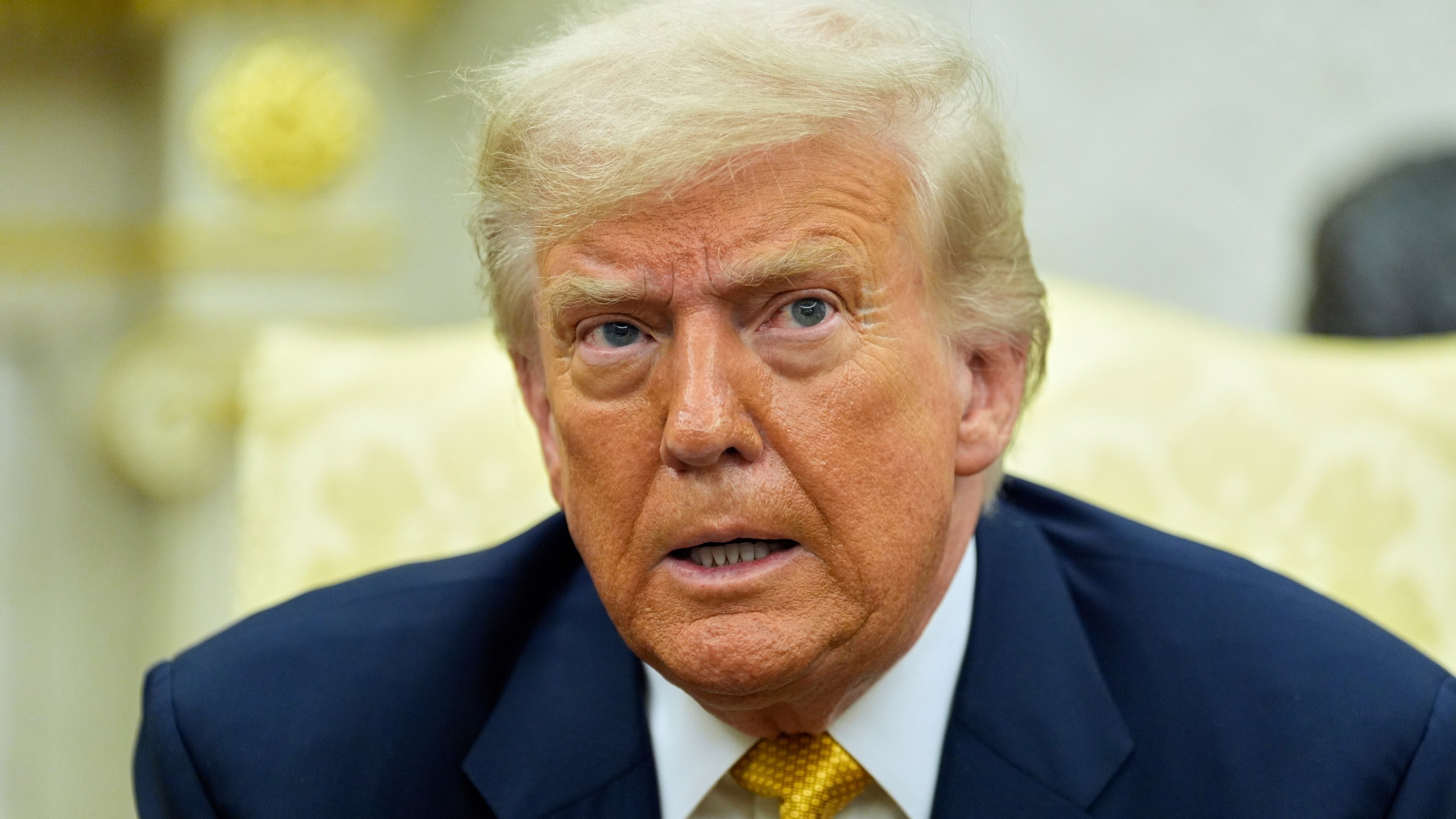President Donald Trump speaks during a meeting with Bahrain's Crown Prince Salman bin Hamad Al Khalifa in the Oval Office of the White House, Wednesday, July 16, 2025, in Washington. (AP Photo/Alex Brandon)