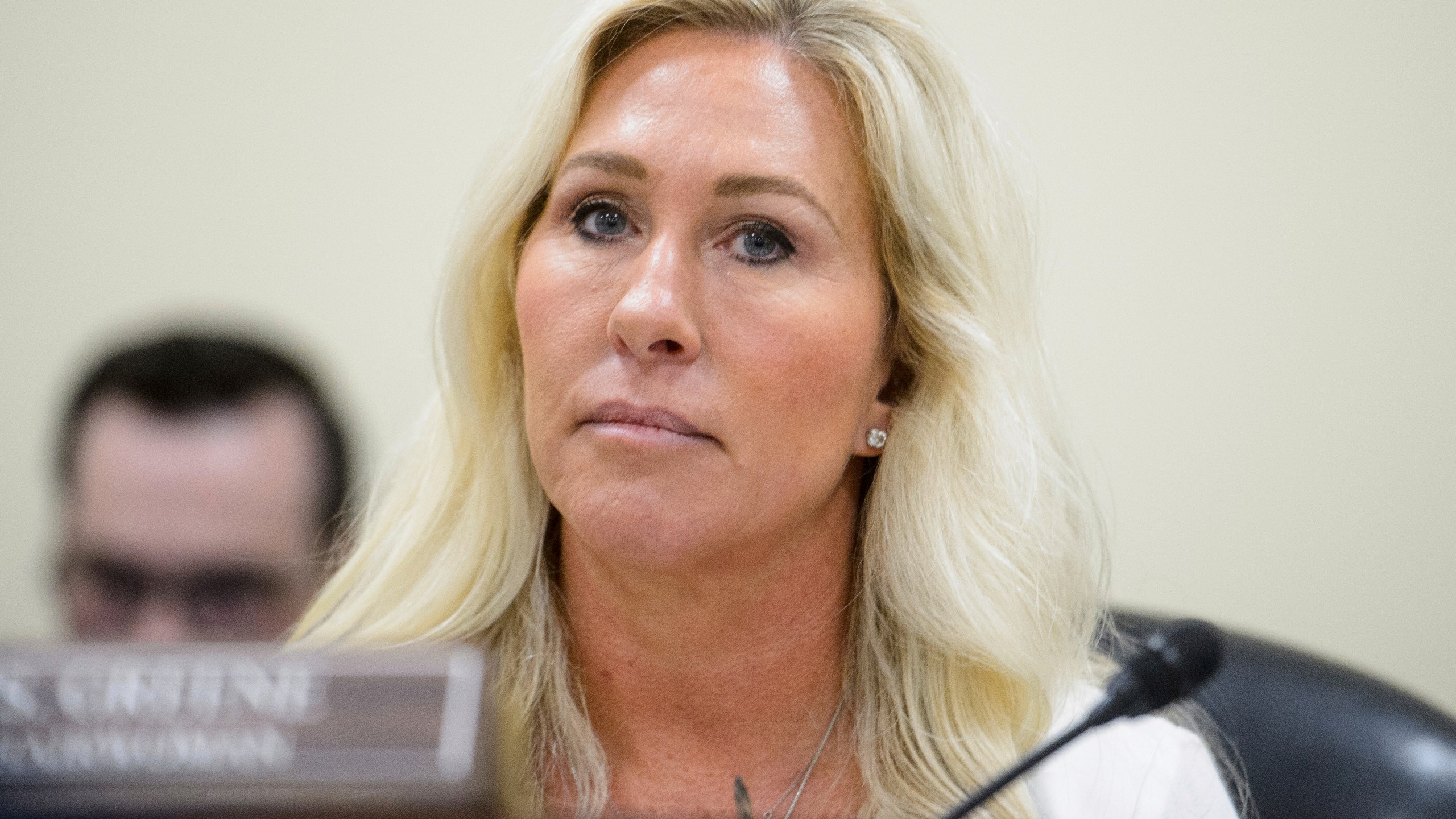 FILE - Rep. Marjorie Taylor-Greene, R-Ga., presides over a House Committee hearing on Capitol Hill, Feb. 12, 2025, in Washington. (AP Photo/Rod Lamkey, Jr., File)