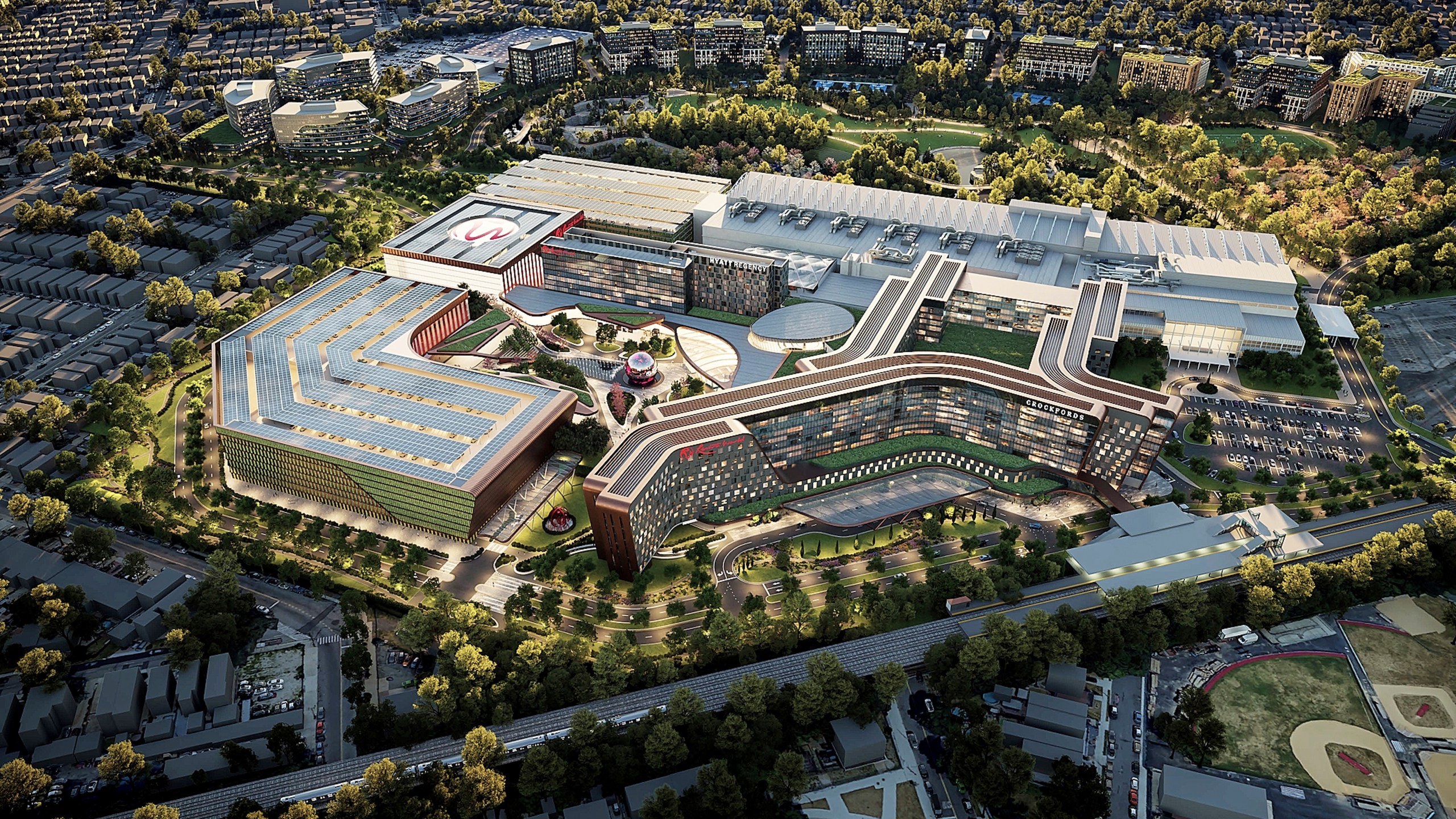 This image rendering from Resorts World shows the Resorts World casino, owned by Malaysian casino giant Genting, a $5.5-billion investment to its gaming facility at the Aqueduct Racetrack in the Queens borough of New York. (Resorts World via AP)