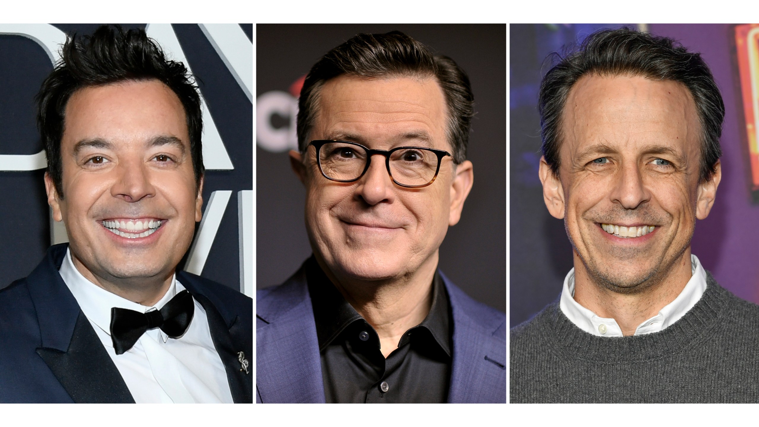 This combination of photos shows Jimmy Fallon at the SNL50: The Anniversary Special in New York on Feb. 16, 2025, left, Stephen Colbert at an event in Los Angeles on March 16, 2019, center, and Seth Meyers at the SNL50: The Homecoming Concert in New York on Feb. 14, 2025. (AP Photo)
