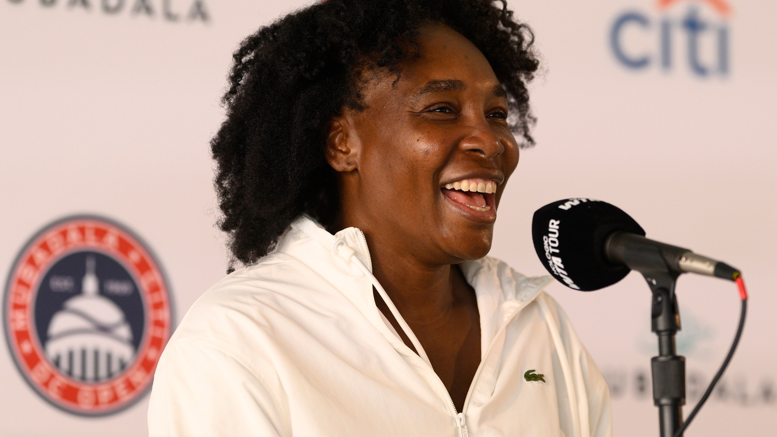 Venus Williams speaks to the media during a news conference at the Citi Open tennis tournament Sunday, July 20, 2025, in Washington. (AP Photo/Nick Wass)