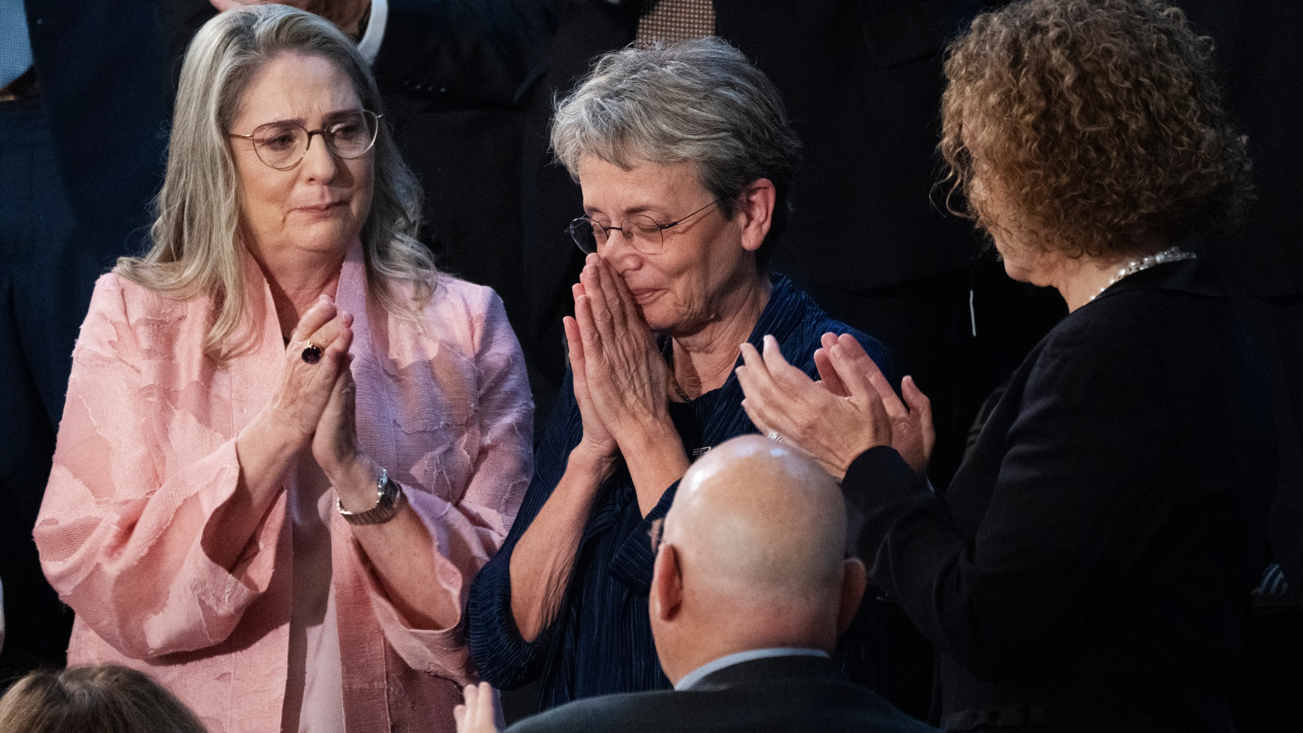 FILE - Leah Goldin, whose son Hadar was killed in the Gaza war in 2014, reacts as she is acknowledged by Israeli President Isaac Herzog during his speech to a joint session of Congress, Wednesday, July 19, 2023, at the Capitol in Washington, accompanied by Israeli first lady Michal Herzog, left. (AP Photo/Jacquelyn Martin, File)
