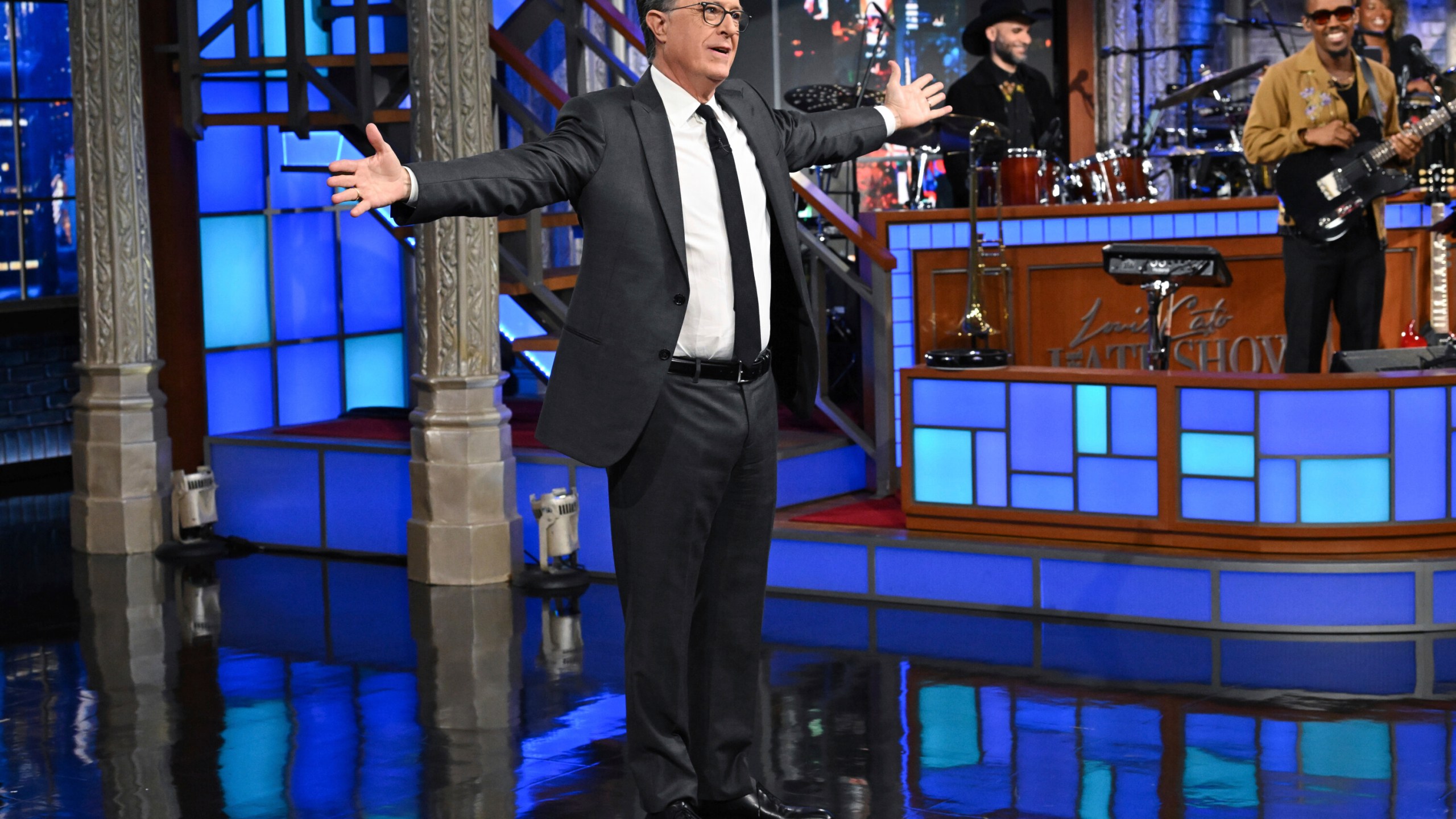 This image released by CBS shows Stephen Colbert during a taping of "The Late Show with Stephen Colbert" on Monday, July 21, 2025, in New York. (Scott Kowalchyk/CBS via AP)