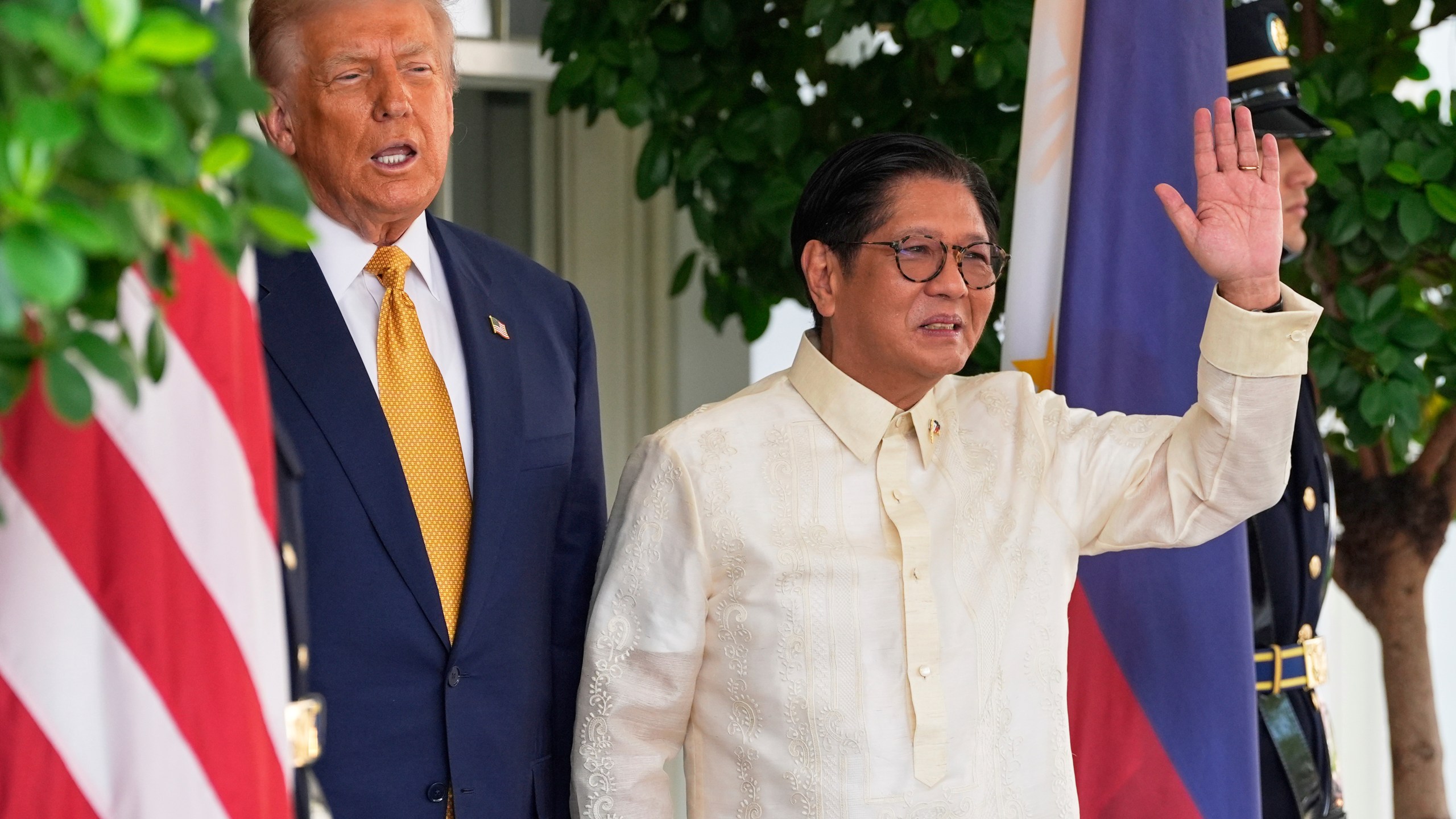 President Donald Trump greets Philippine President Ferdinand Marcos Jr., upon arrival at the White House, Tuesday, July 22, 2025, in Washington. (AP Photo/Alex Brandon)