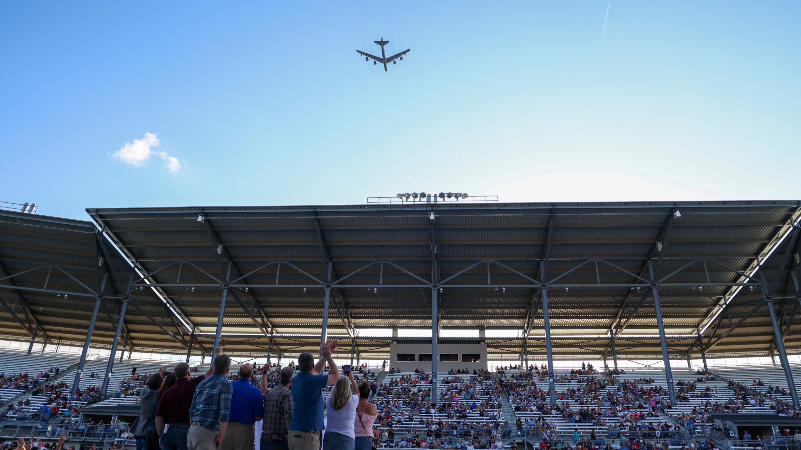 This photo from the North Dakota Governor's Office shows a B-52 bomber from Minot Air Force Base in a flyover at the North Dakota State Fair on Friday, July 18, 2025, in Minot, N.D.. (North Dakota Governor's Office via AP)