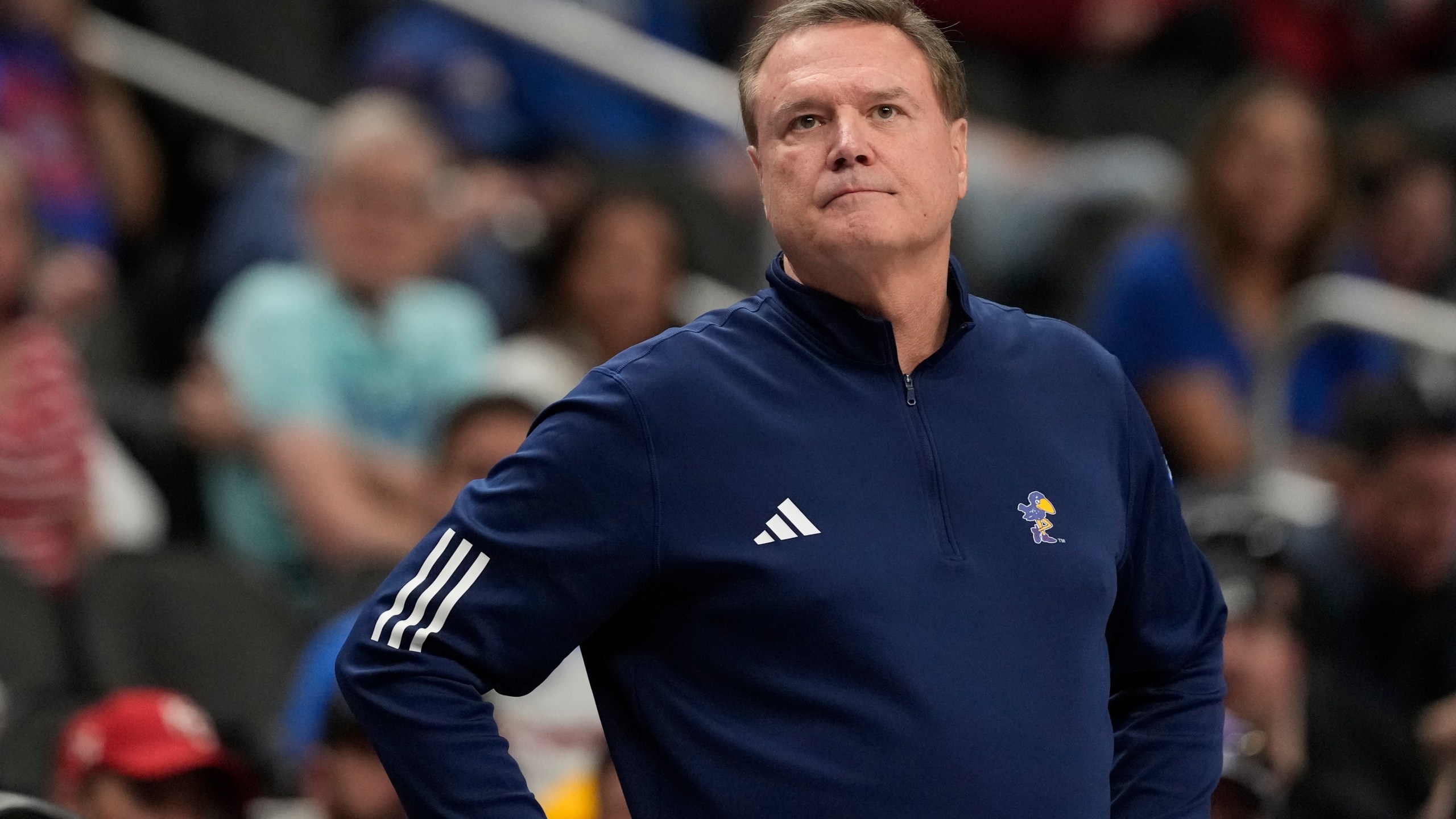 FILE - Kansas head coach Bill Self is seen on the sidelines during the second half of an NCAA college basketball game against UCF in the second round of the Big 12 Conference tournament, March 12, 2025, in Kansas City, Mo. (AP Photo/Charlie Riedel, File)