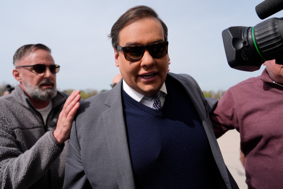 FILE - Former U.S. Rep. George Santos arrives at federal court for sentencing, April 25, 2025, in Central Islip, N.Y. (AP Photo/Julia Demaree Nikhinson, file)