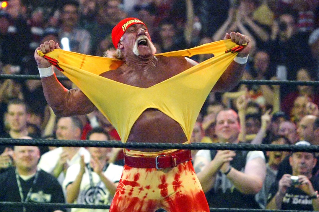 FILE - in this April 3, 2005, file photo, Hulk Hogan fires up the crowd between matches during WrestleMania 21 in Los Angeles. (AP Photo/Chris Carlson, File)