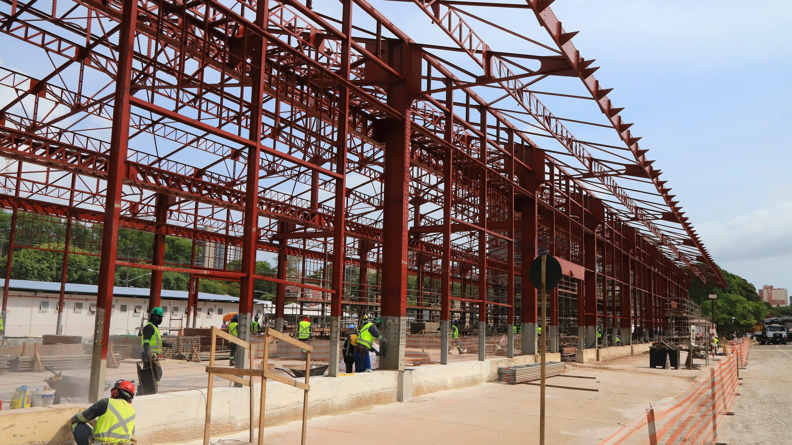 FILE - Construction workers make progress in Belem, Brazil, Sept. 24, 2024, on a project for the COP30 U.N. Climate Summit. (AP Photo/Paulo Santos, File)