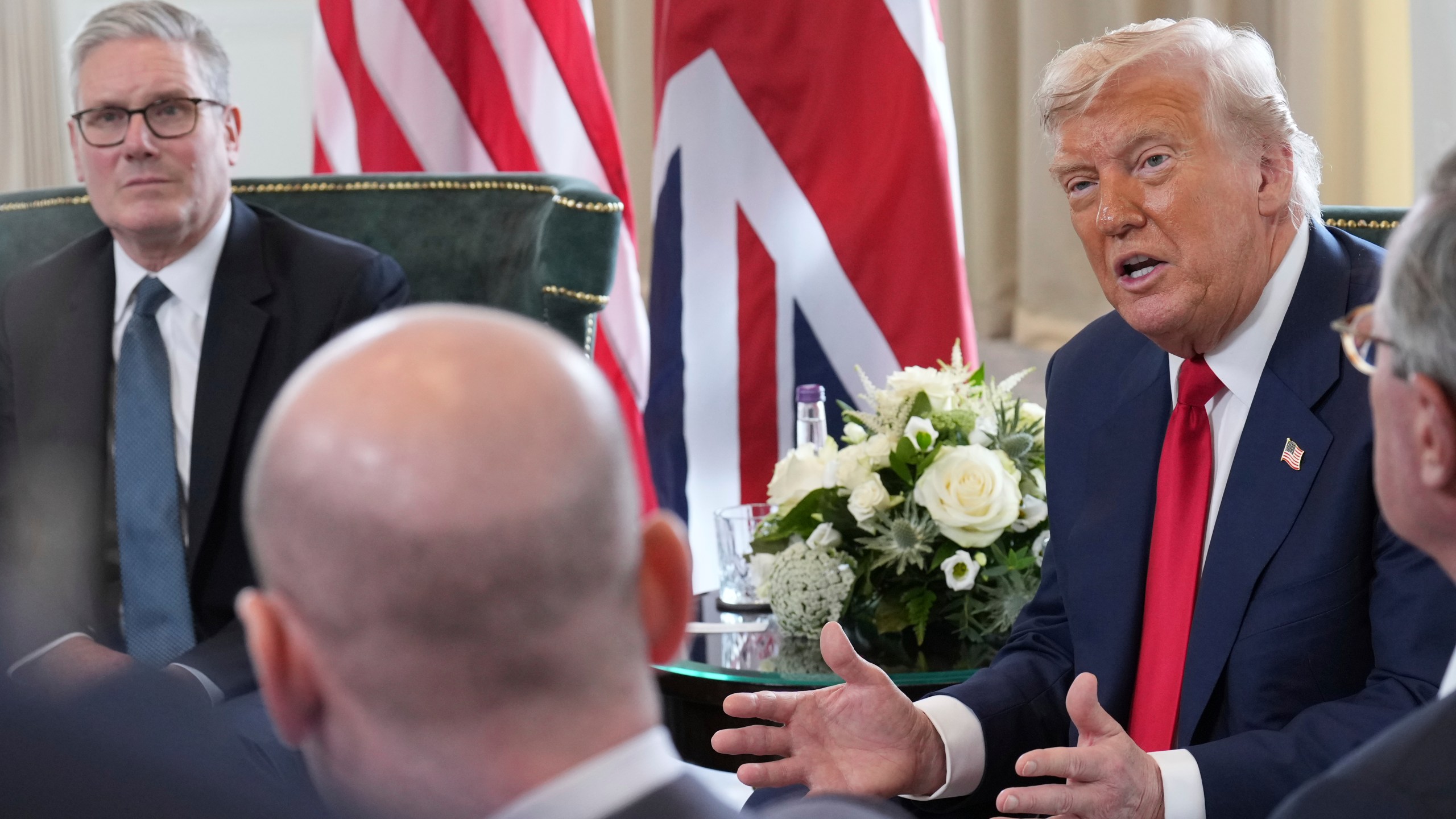 President Donald Trump and Britain's Prime Minister Keir Starmer, left, speak with the media during a meeting at the Trump Turnberry golf course in Turnberry, Scotland Monday, July 28, 2025. (AP Photo/Jacquelyn Martin)