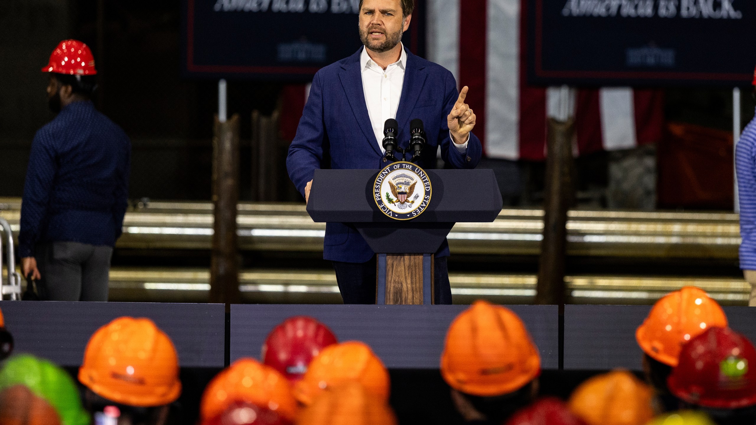 Vice President JD Vance speaks at the Metallus plant, Monday, July 28, 2025, in Canton, Ohio. (AP Photo/Lauren Leigh Bacho)