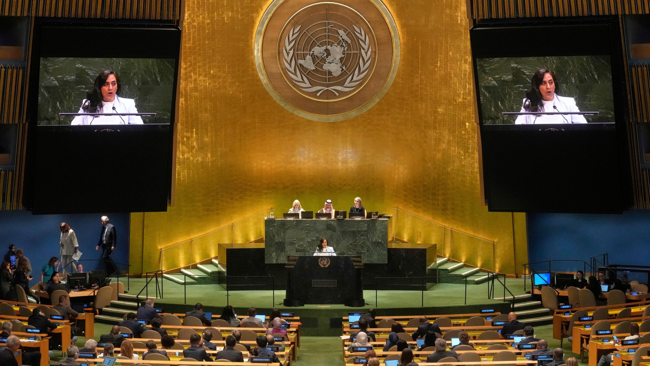 Canada Foreign Minister Anita Anand addresses the United Nations General Assembly, Monday, July 28, 2025. (AP Photo/Richard Drew)