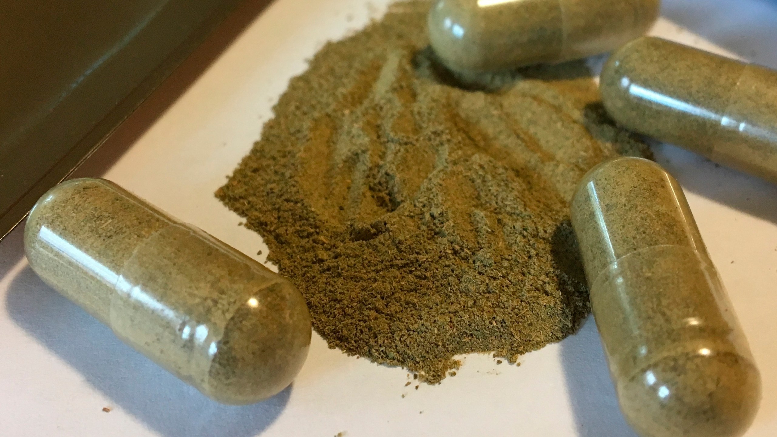 FILE - This Sept. 27, 2017 file photo shows kratom capsules in Albany, N.Y. (AP Photo/Mary Esch, File)