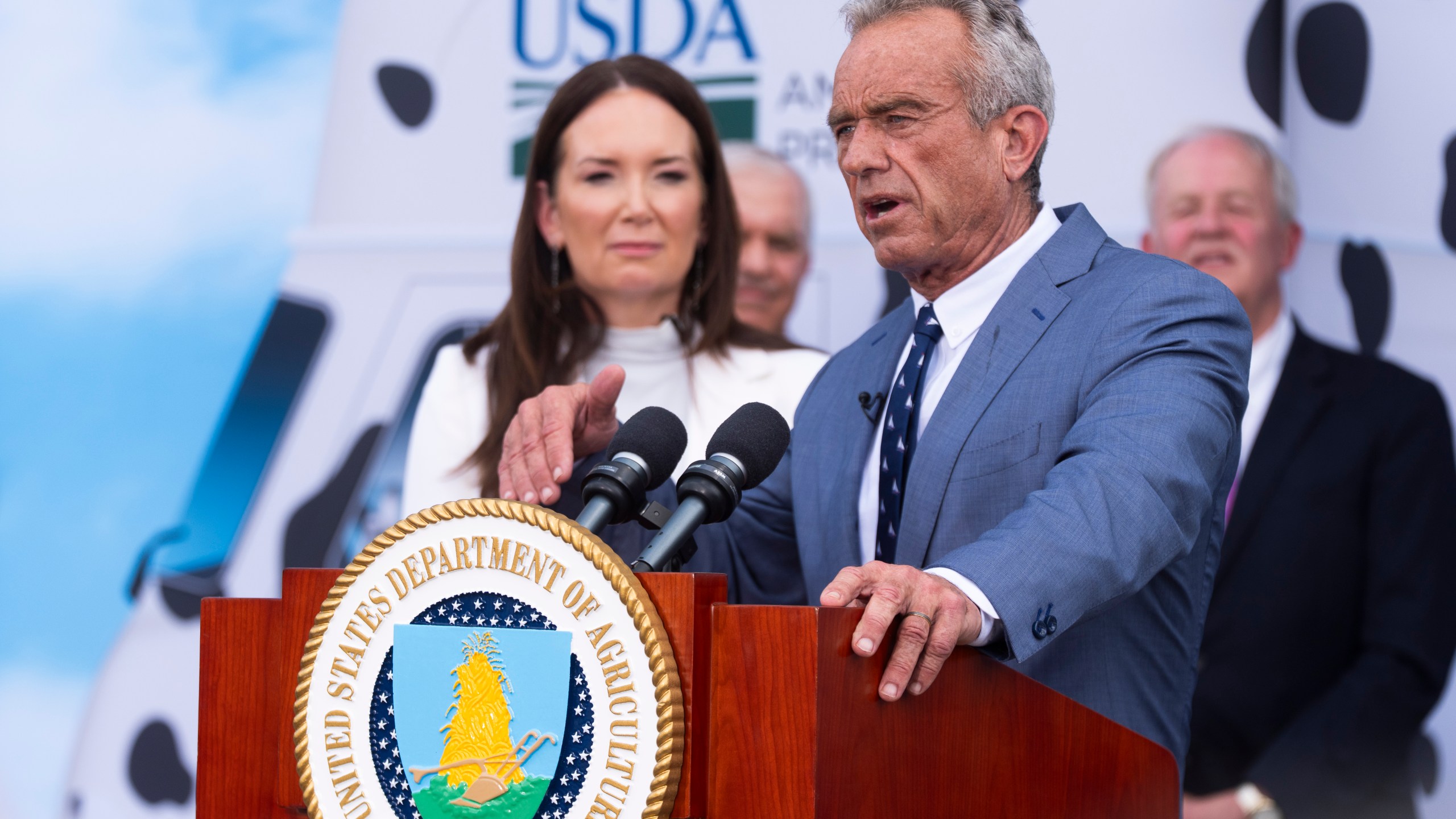Secretary of Health & Human Services Robert F. Kennedy Jr. speaks alongside U.S. Secretary of Agriculture Brooke Rollins, during a ceremony announcing that major U.S. ice cream makers will phase out artificial colors by the end of 2027, at the U.S. Department of Agriculture, Monday, July 14, 2025 in Washington. (AP Photo/Manuel Balce Ceneta)