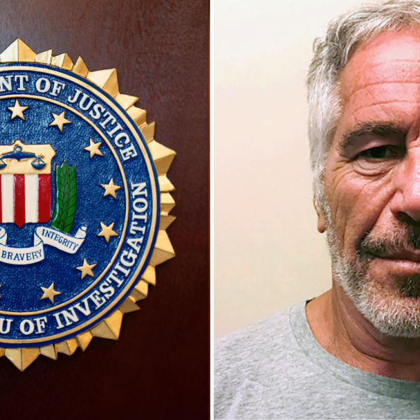 A composite photo of the DOJ seal and Jeffrey Epstein