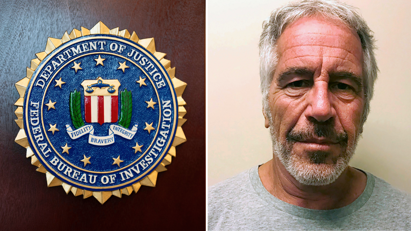 A composite photo of the DOJ seal and Jeffrey Epstein