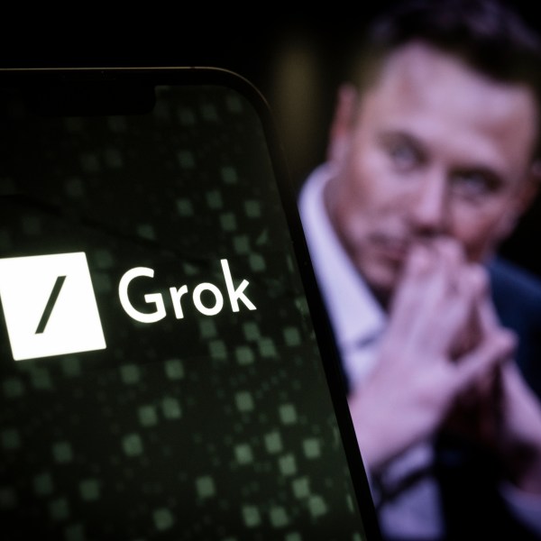 'Grok' logo with Elon Musk in background