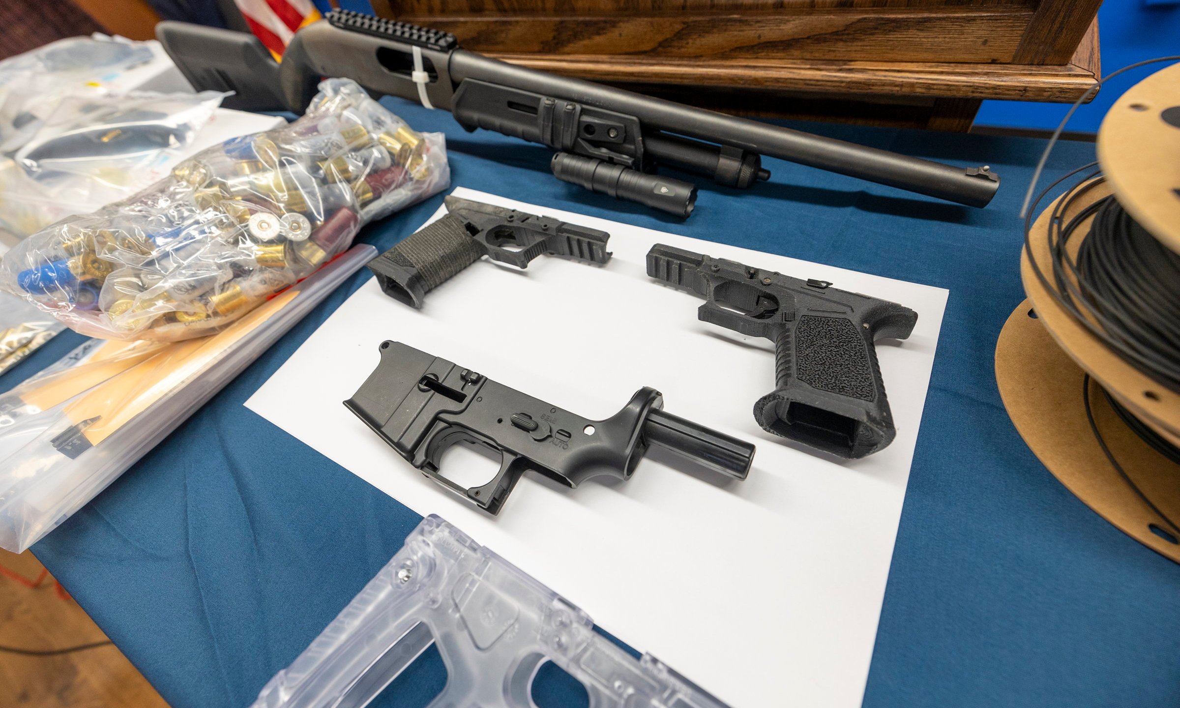 "Ghost guns" on display after police found them being manufactured.
