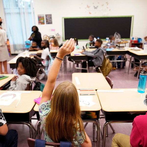 FILE - A student raises their hand in a classroom at Tussahaw Elementary school Aug. 4, 2021, in McDonough, Ga. (AP Photo/Brynn Anderson, File)