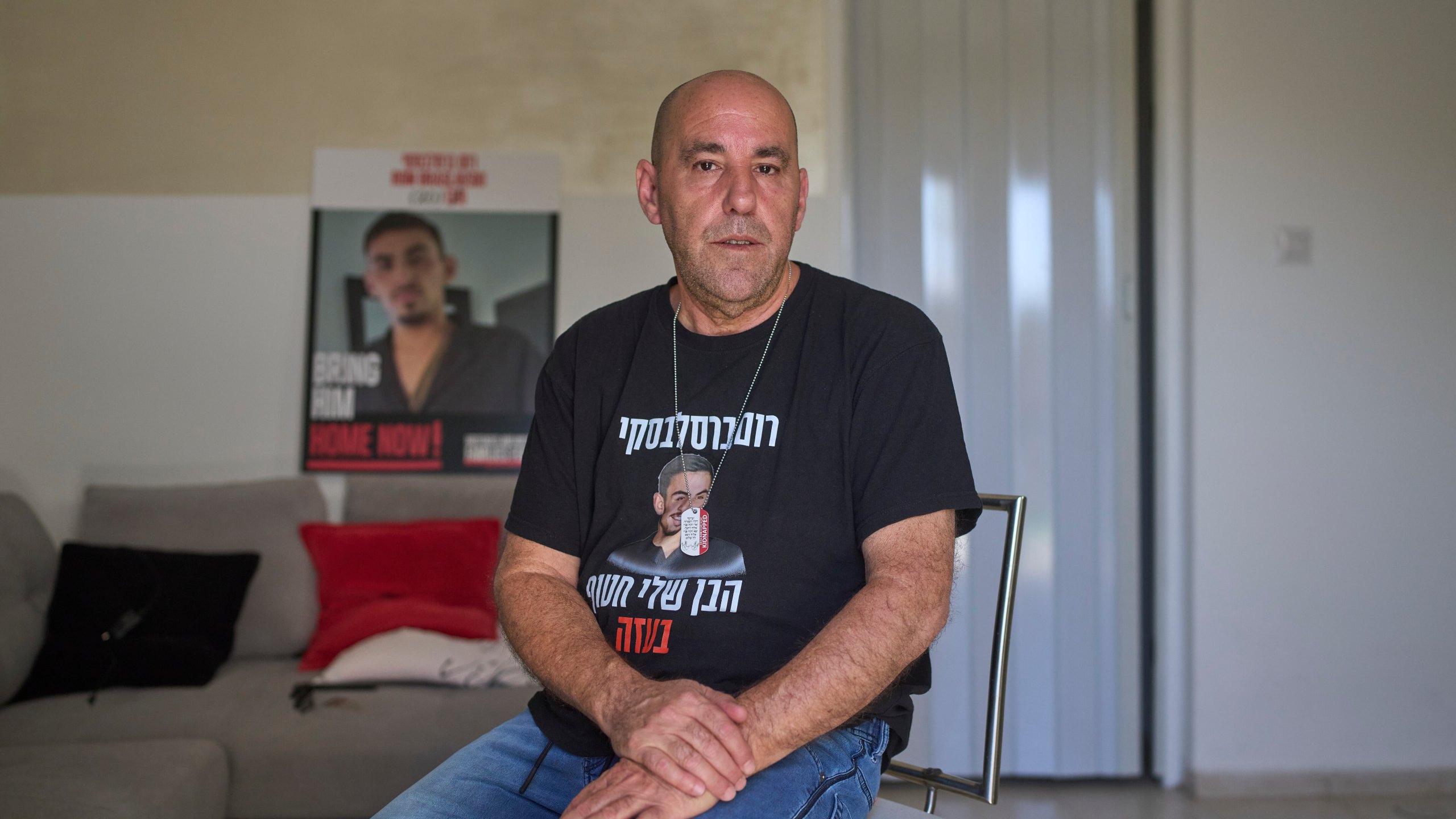 Ofir Braslavski, whose son Rom was abducted by Islamic Jihad on Oct. 7, 2023, poses for a portrait in Almon an Israeli settlement in the West Bank, Monday, Aug. 04, 2025. (AP Photo/Ohad Zwigenberg)