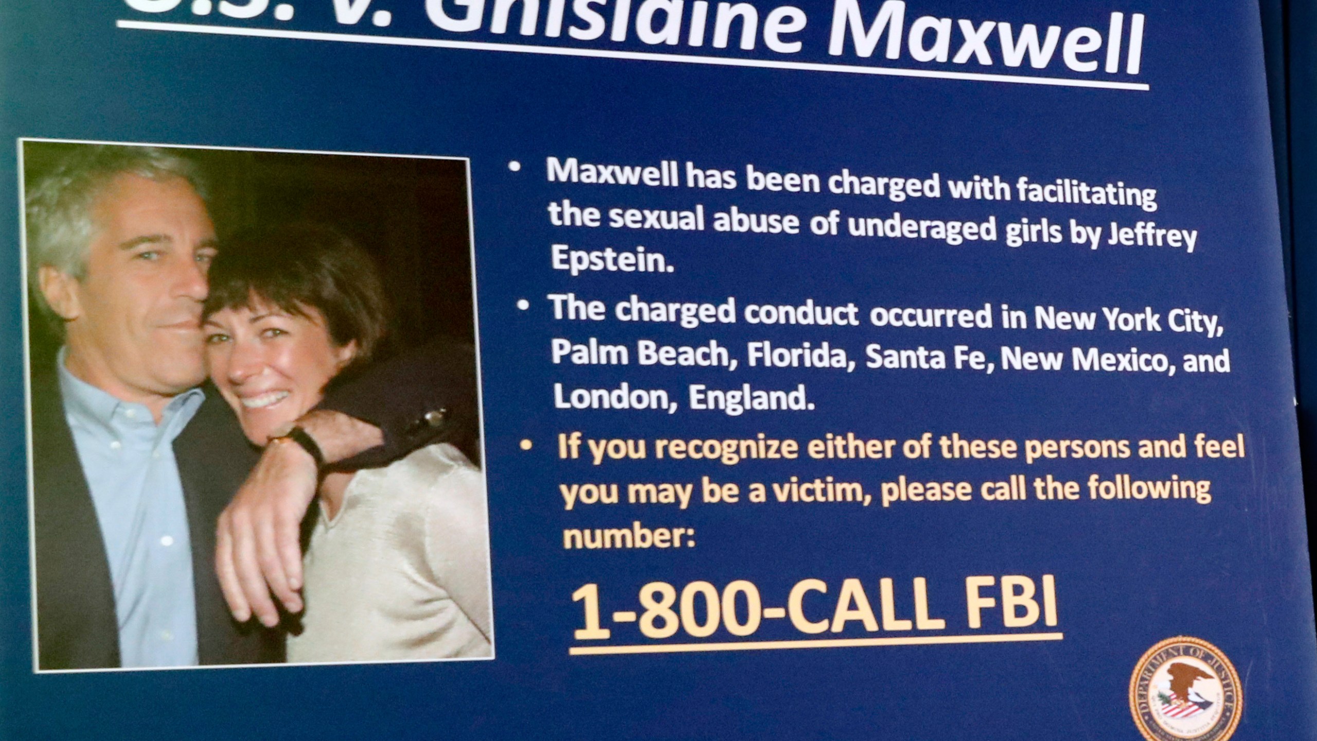 FILE - A board outlining the case against Ghislaine Maxwell is seen during a news conference to announce charges against Maxwell for her alleged role in the sexual exploitation and abuse of multiple minor girls by Jeffrey Epstein, July 2, 2020, in New York. (AP Photo/John Minchillo, File)