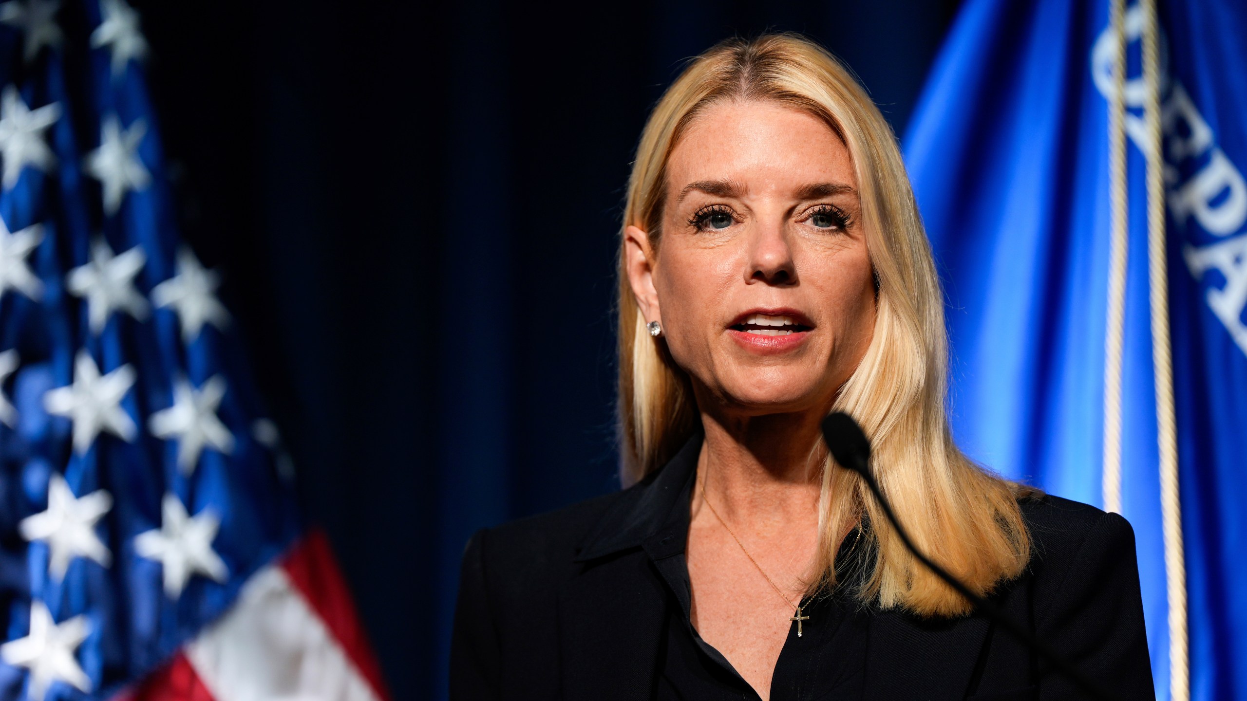 Attorney General Pam Bondi speaks at a news conference at the Drug Enforcement Administration, Tuesday, July 15, 2025, in Arlington, Va. (AP Photo/Julia Demaree Nikhinson)