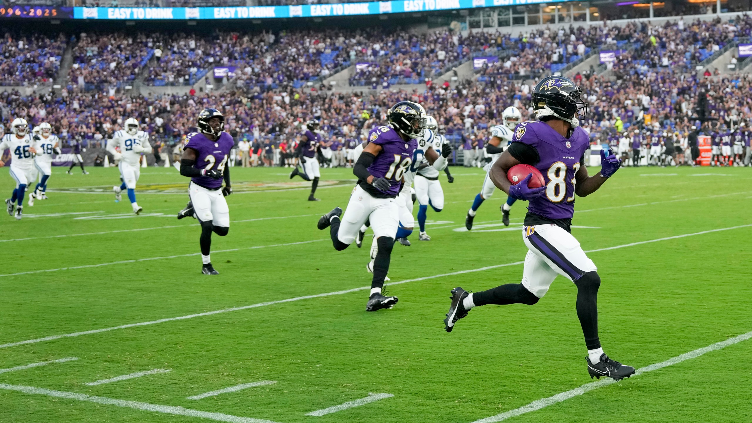 Baltimore Ravens' LaJohntay Wester returns an Indianapolis Colts punt for a touchdown during the firs half of an NFL preseason football game Thursday, Aug. 7, 2025, in Baltimore. (AP Photo/Alex Brandon)