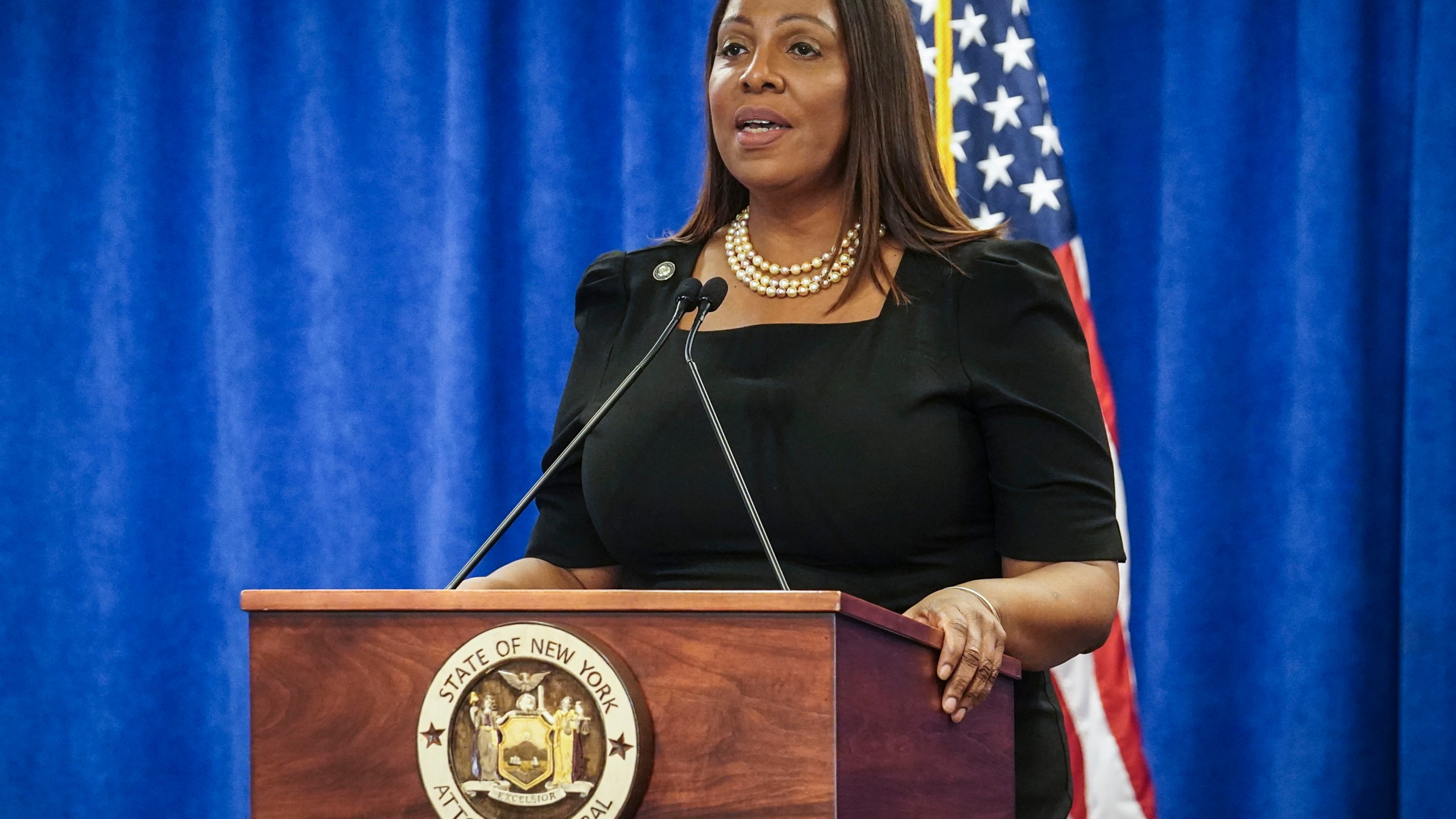 FILE - New York Attorney General Letitia James speaks Feb. 16, 2024, in New York. (AP Photo/Bebeto Matthews, File)