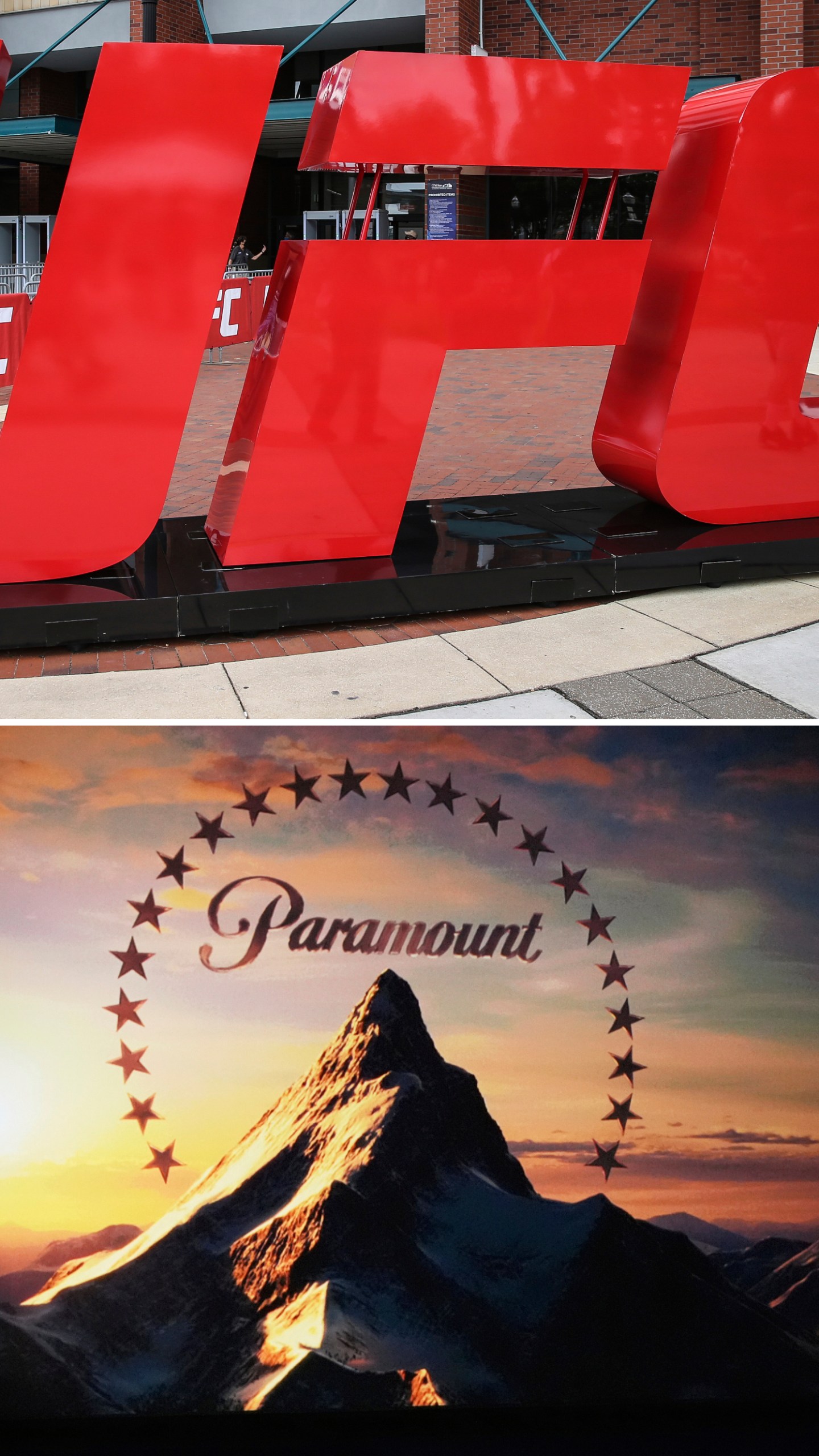 This photo combination shows a UFC logo, top, outside the arena, April 24, 2021, in Jacksonville, Fla. and the Paramount logo during the Paramount Pictures presentation at CinemaCon at Caesars Palace on April 3, 2025, in Las Vegas. (AP Photo/Gary McCullough, Chris Pizzello)