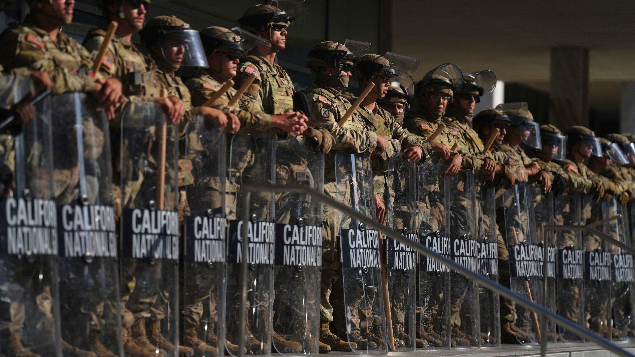 FILE - California National Guard members are positioned at the Federal Building in downtown Los Angeles, on June 10, 2025. (AP Photo/Eric Thayer, File)
